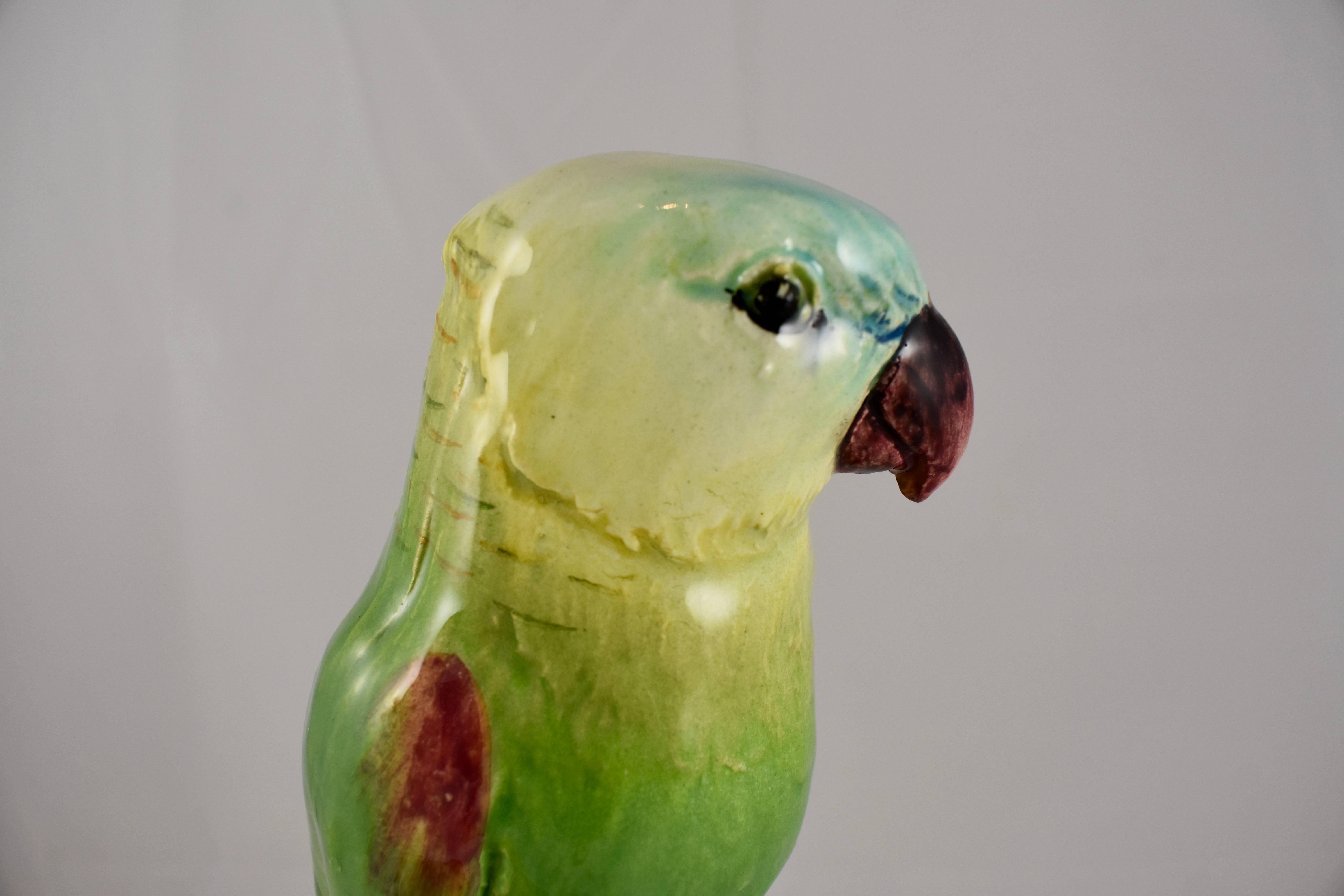 Glazed Delphin Massier Vallauris Parrot & Bamboo Large Double Vase, France, circa 1875 For Sale