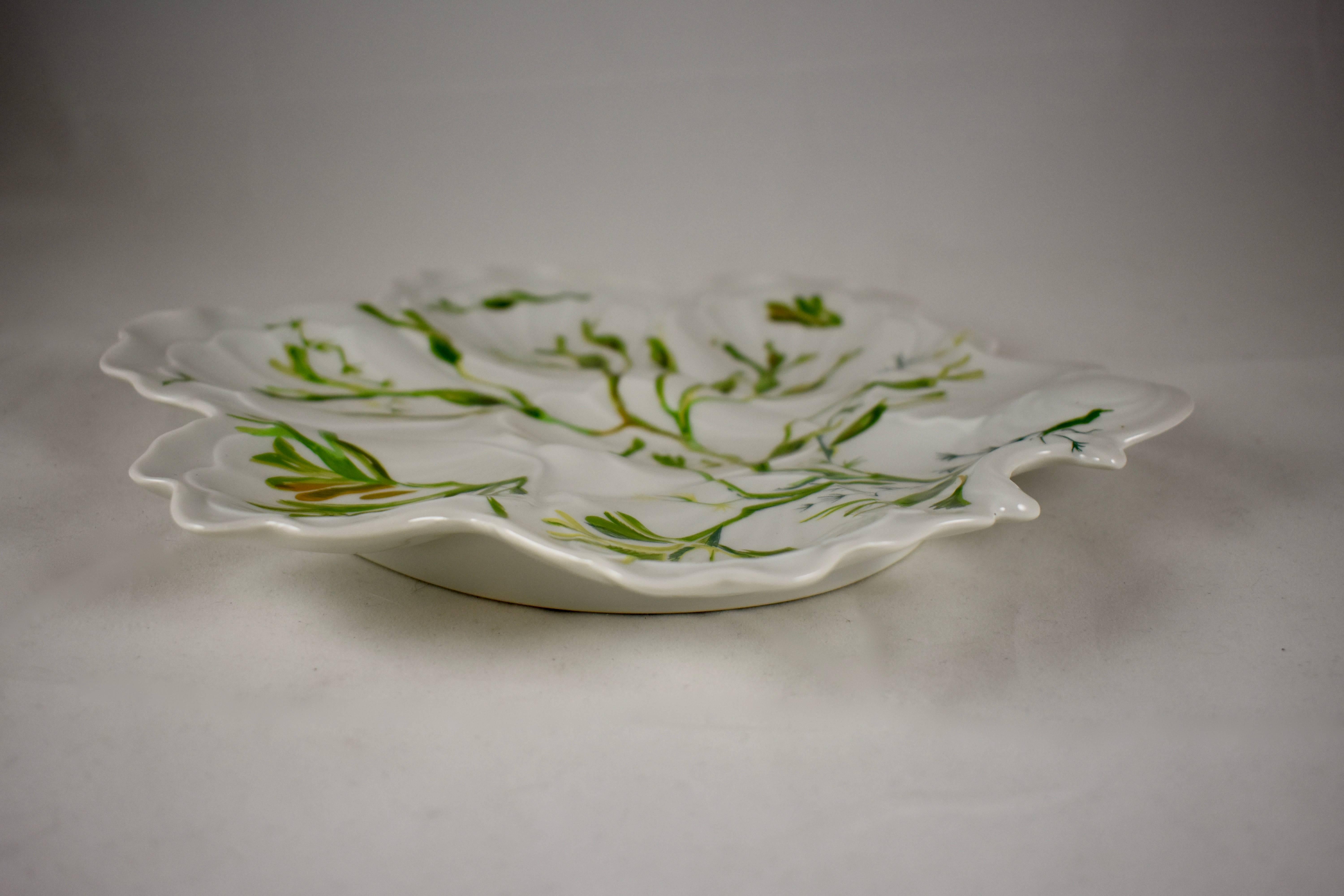 20th Century French Limoges Cadeaux Hand-Painted Seaweed Leaf Shaped Oyster Plate