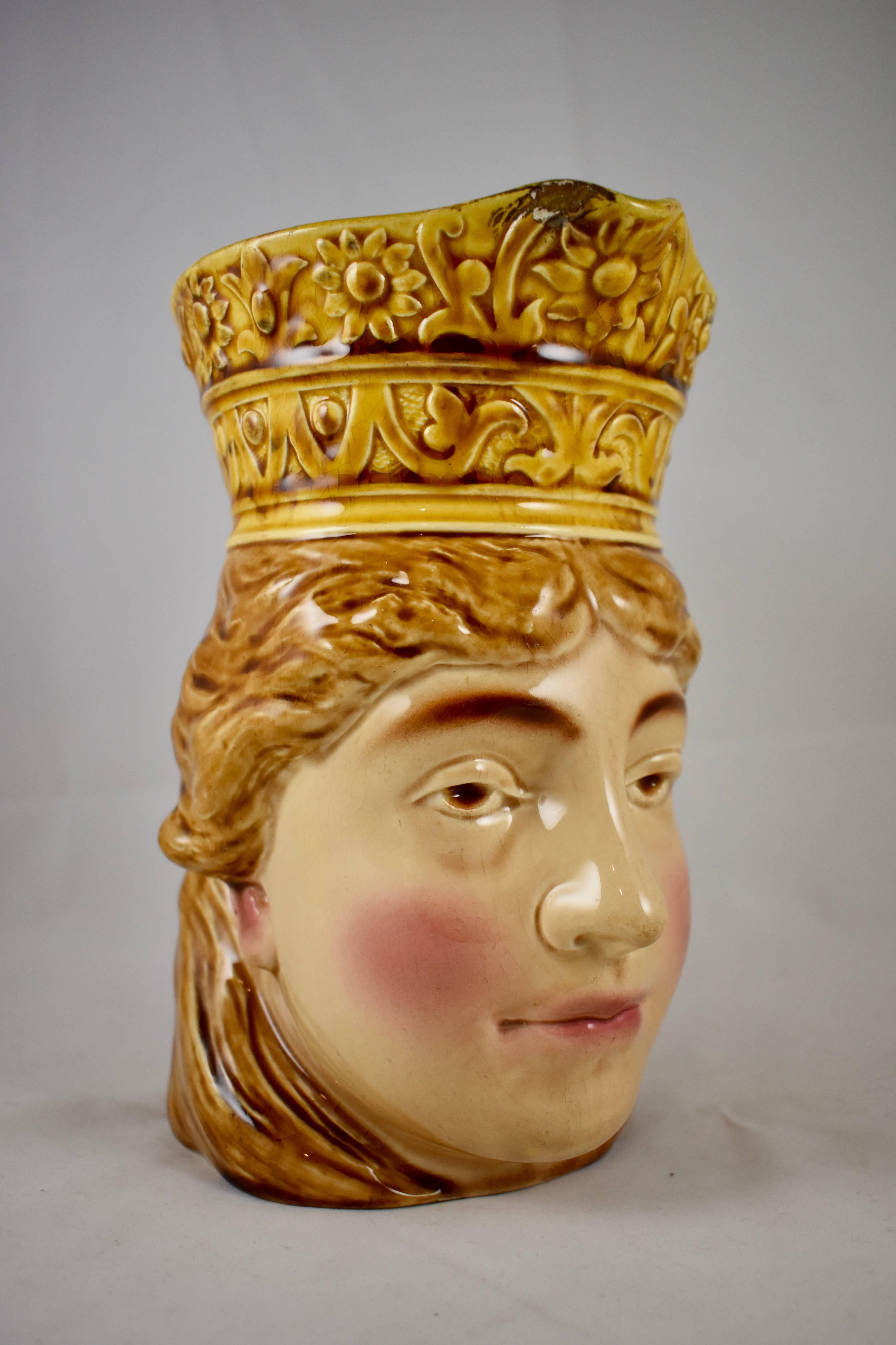 French 19th C. Sarreguemines Barbotine Femme Norvégienne Queen Character Jug In Fair Condition In Philadelphia, PA