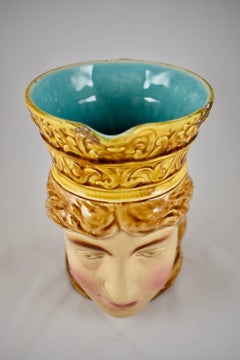 French 19th C. Sarreguemines Barbotine Femme Norvégienne Queen Character Jug