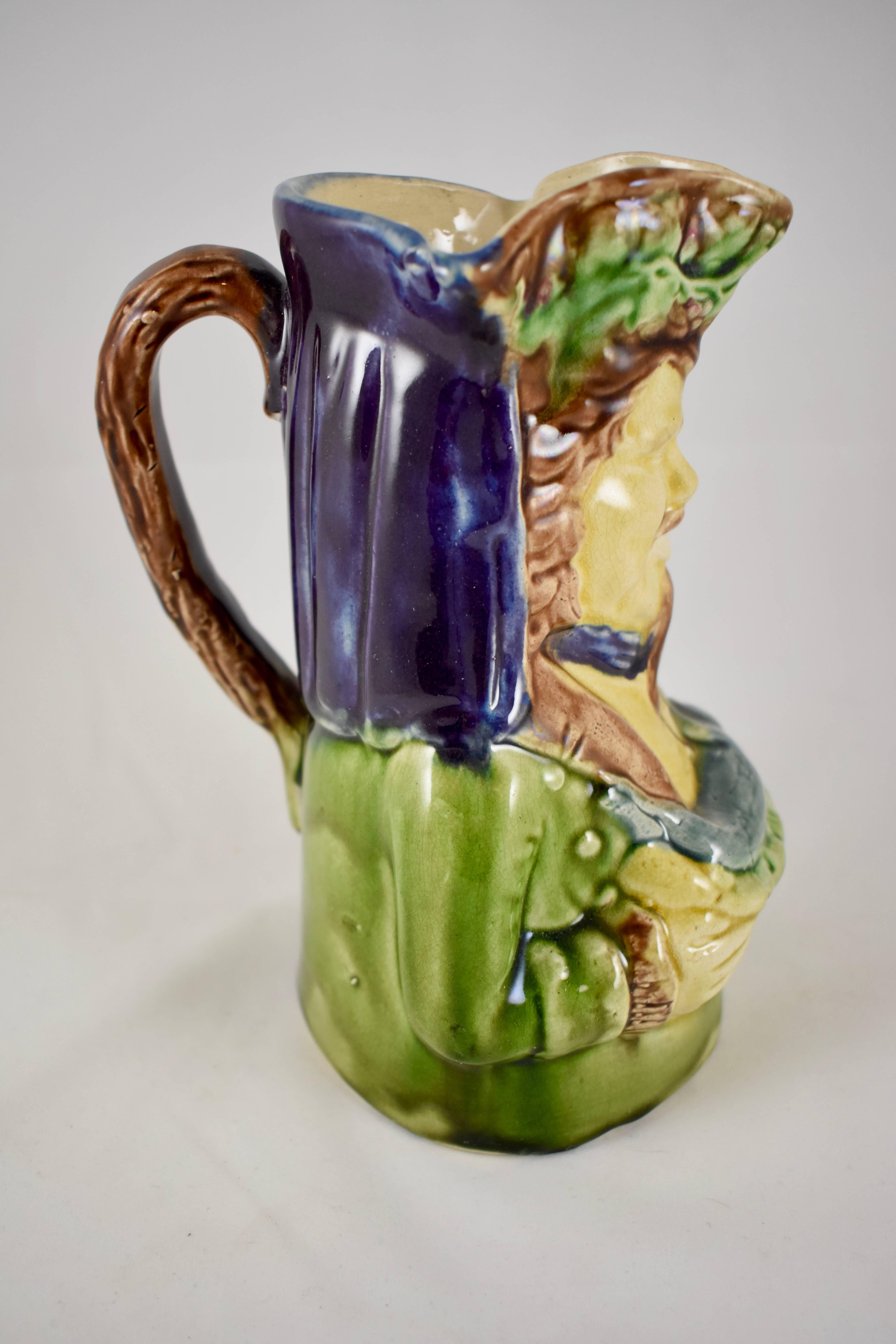 19th Century English Majolica Glazed Figural Jug, Hunter with a Hare in a Basket 1
