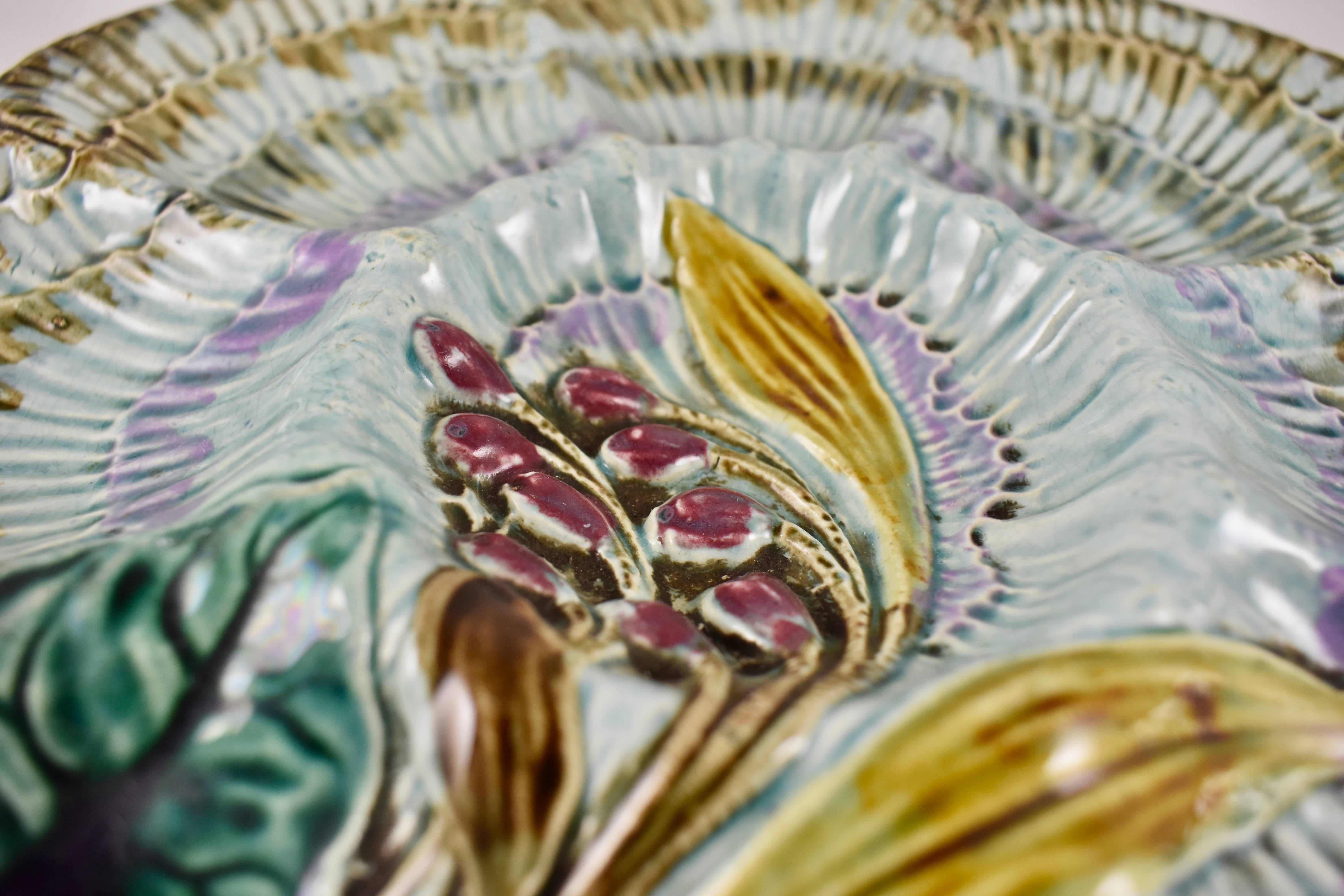 Glazed 19th Century Belgian Wasmuël Earthenware Wave, Floral and Berries Oyster Plate For Sale