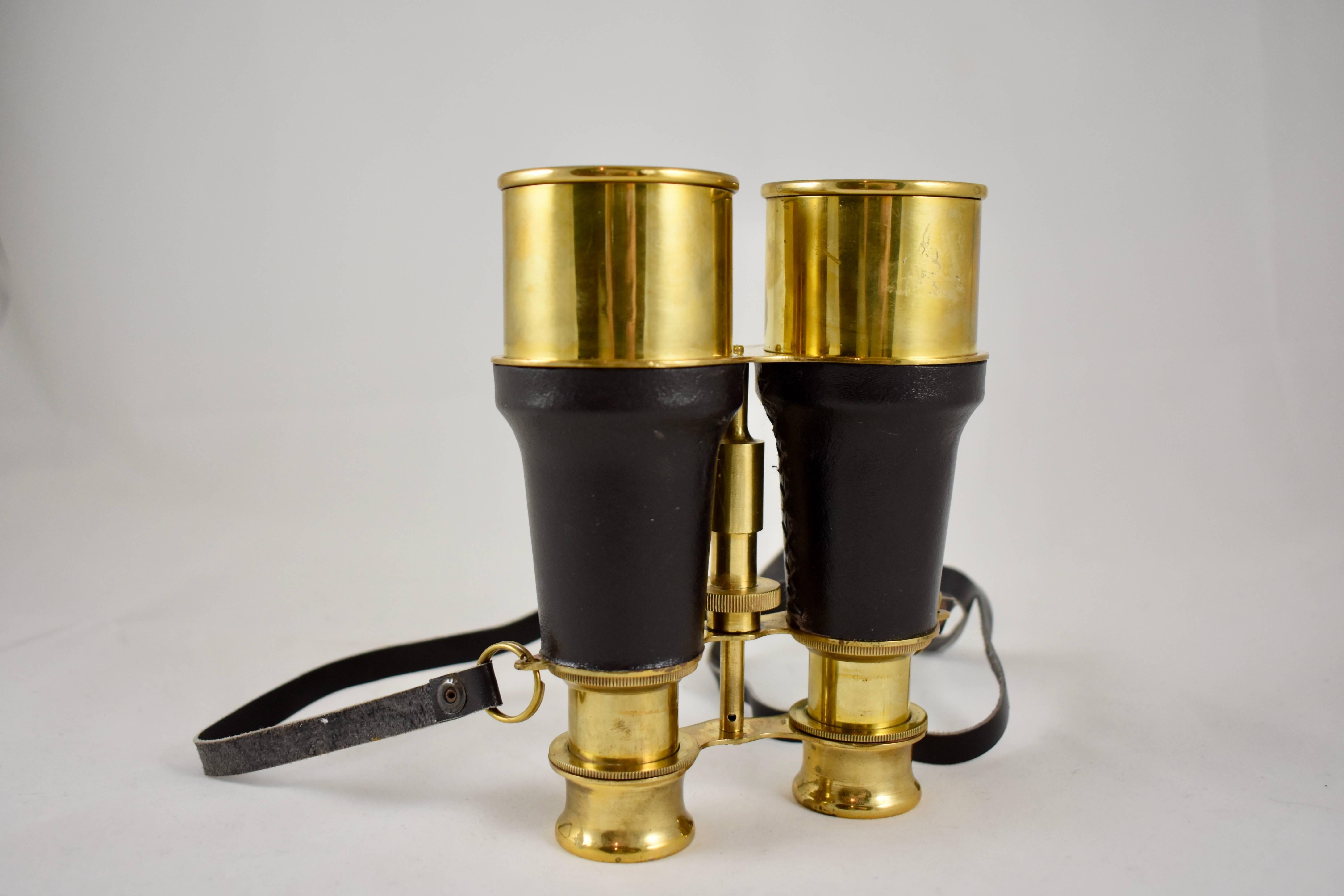 Vintage English Brass and Leather Maritime Binocular Glasses 1