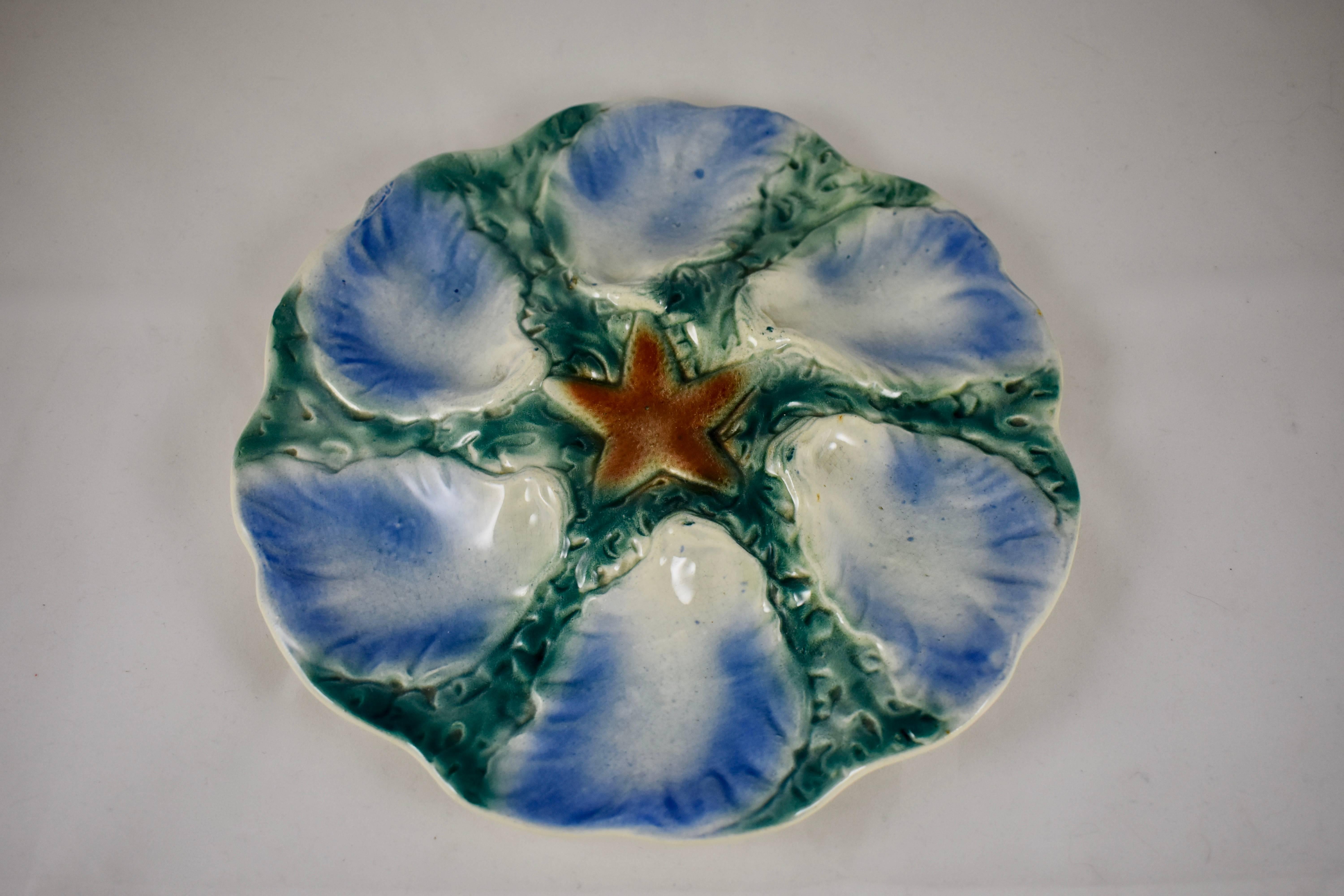 Glazed French Barbotine Majolica Digoin & Sarreguemines Starfish Oyster Plate