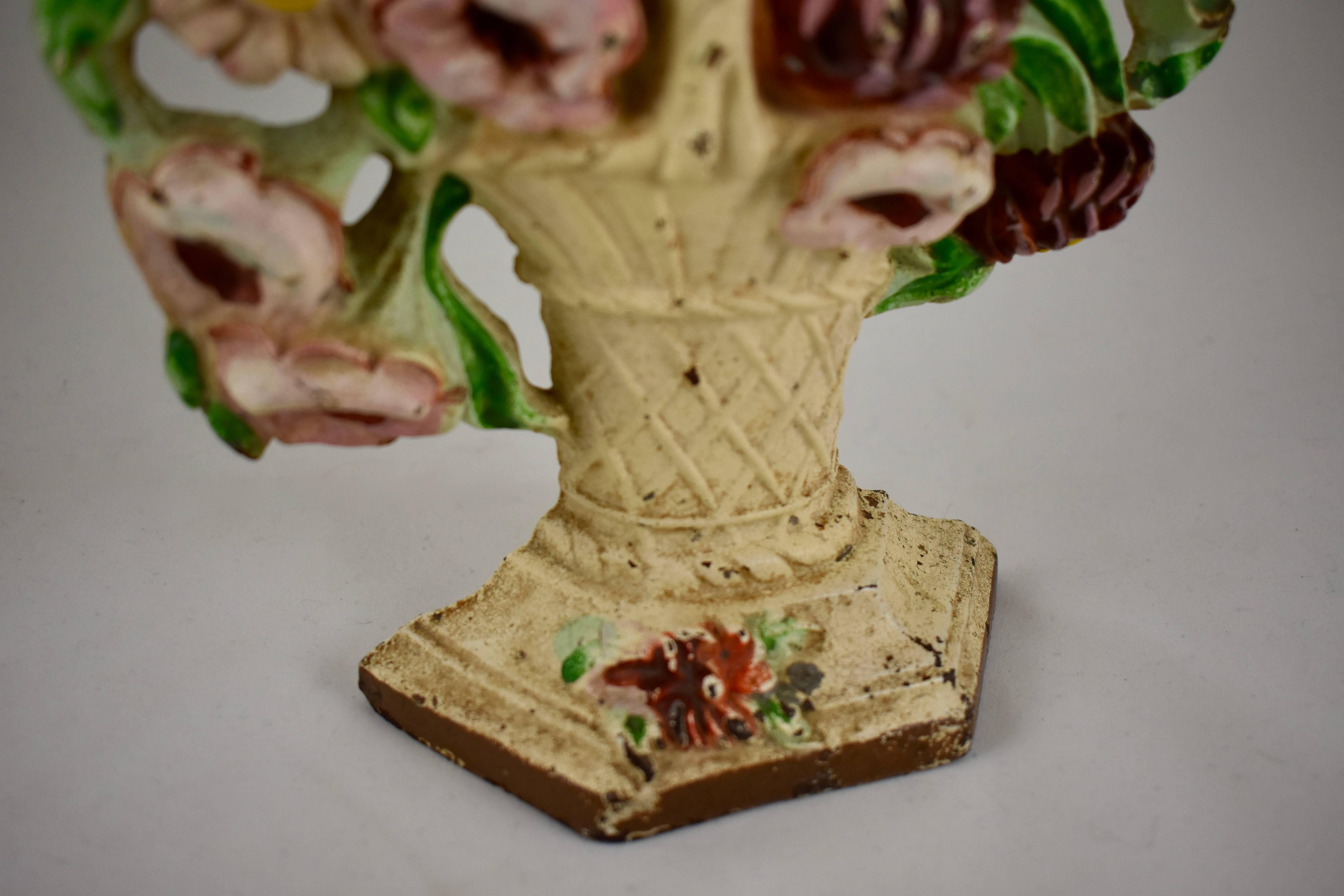 1930s Hubley Cast Iron White Basket of Petunias & Straw Flower Bouquet Doorstop 2