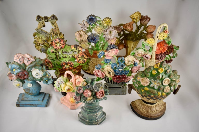 1930s Hubley Cast Iron Pink Basket of Roses and Phlox Floral