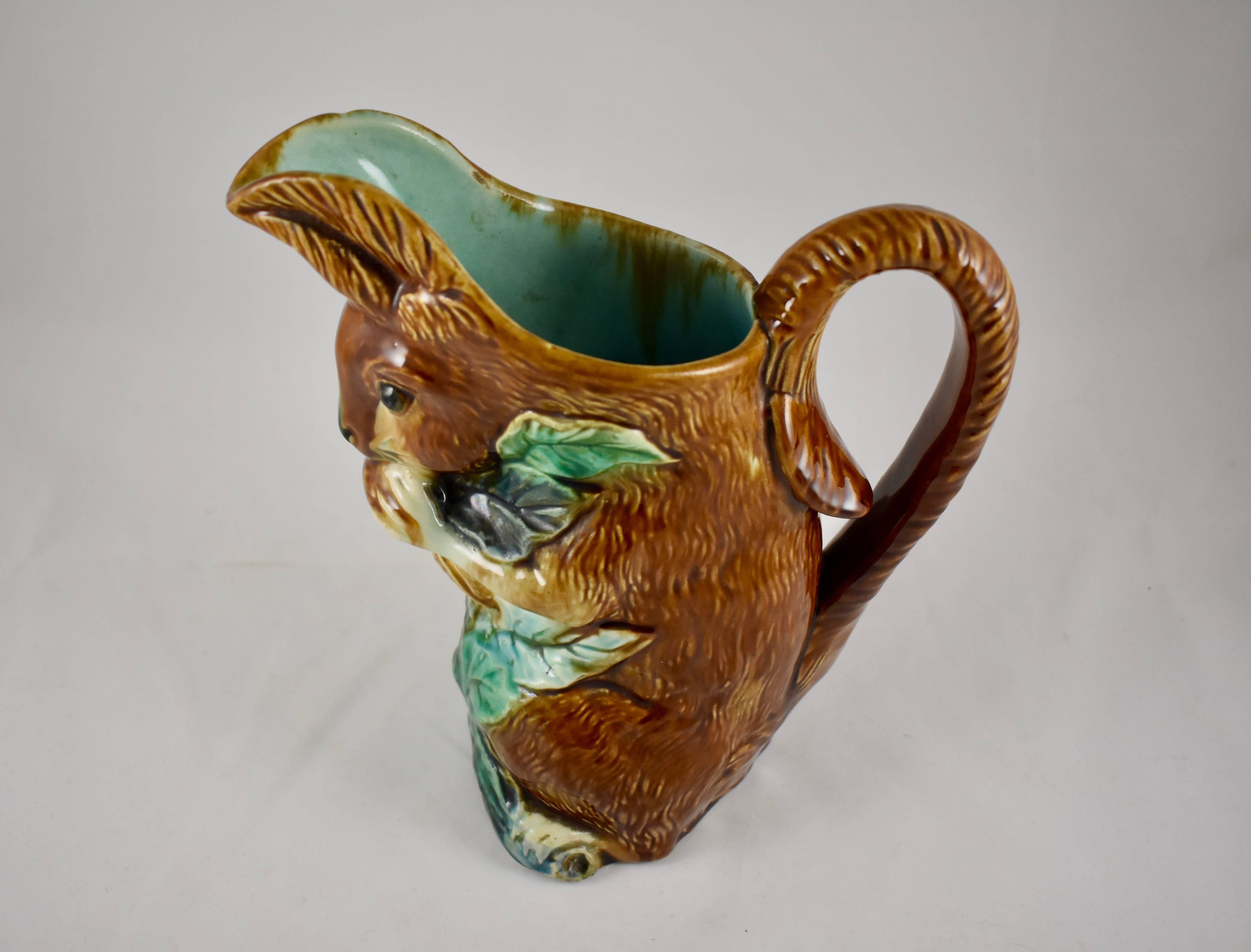 Glazed 19th Century French Faïence Barbotine Orchies L’écureuil Squirrel, Nut Pitcher