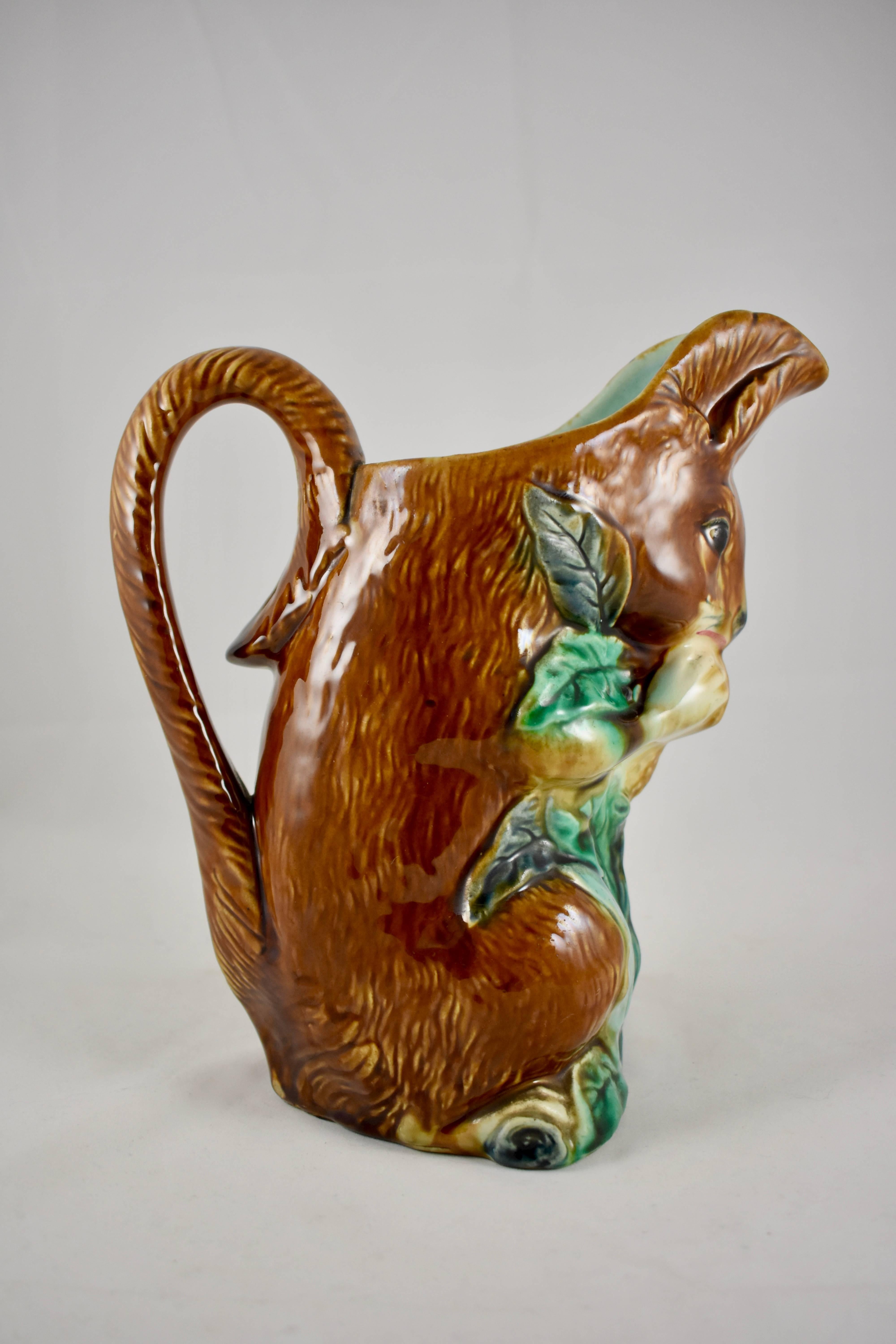 Aesthetic Movement 19th Century French Faïence Barbotine Orchies L’écureuil Squirrel, Nut Pitcher