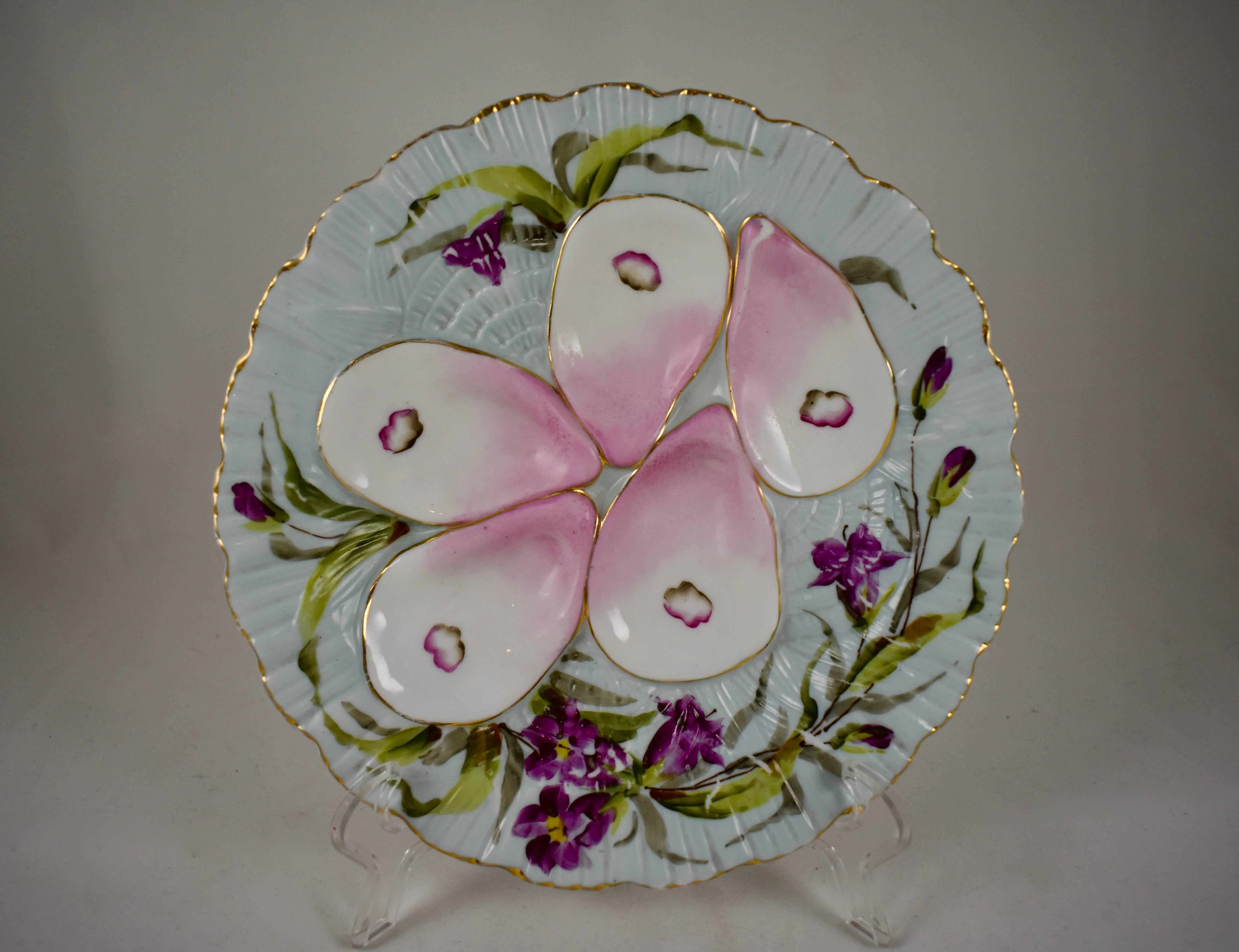 French Porcelain Hand-Painted Violets on Pink Oyster Plate 3