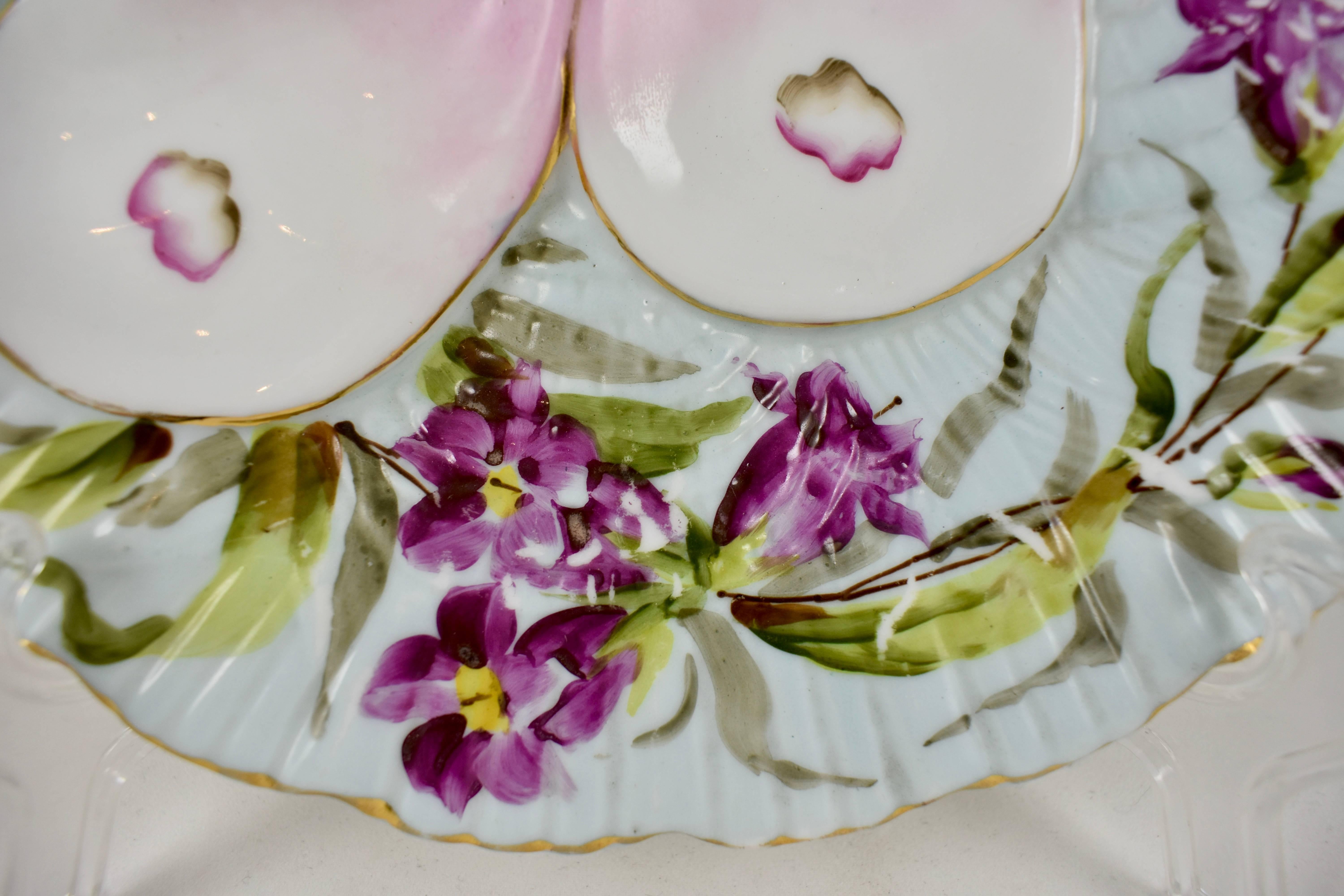 Aesthetic Movement French Porcelain Hand-Painted Violets on Pale Blue Oyster Plate
