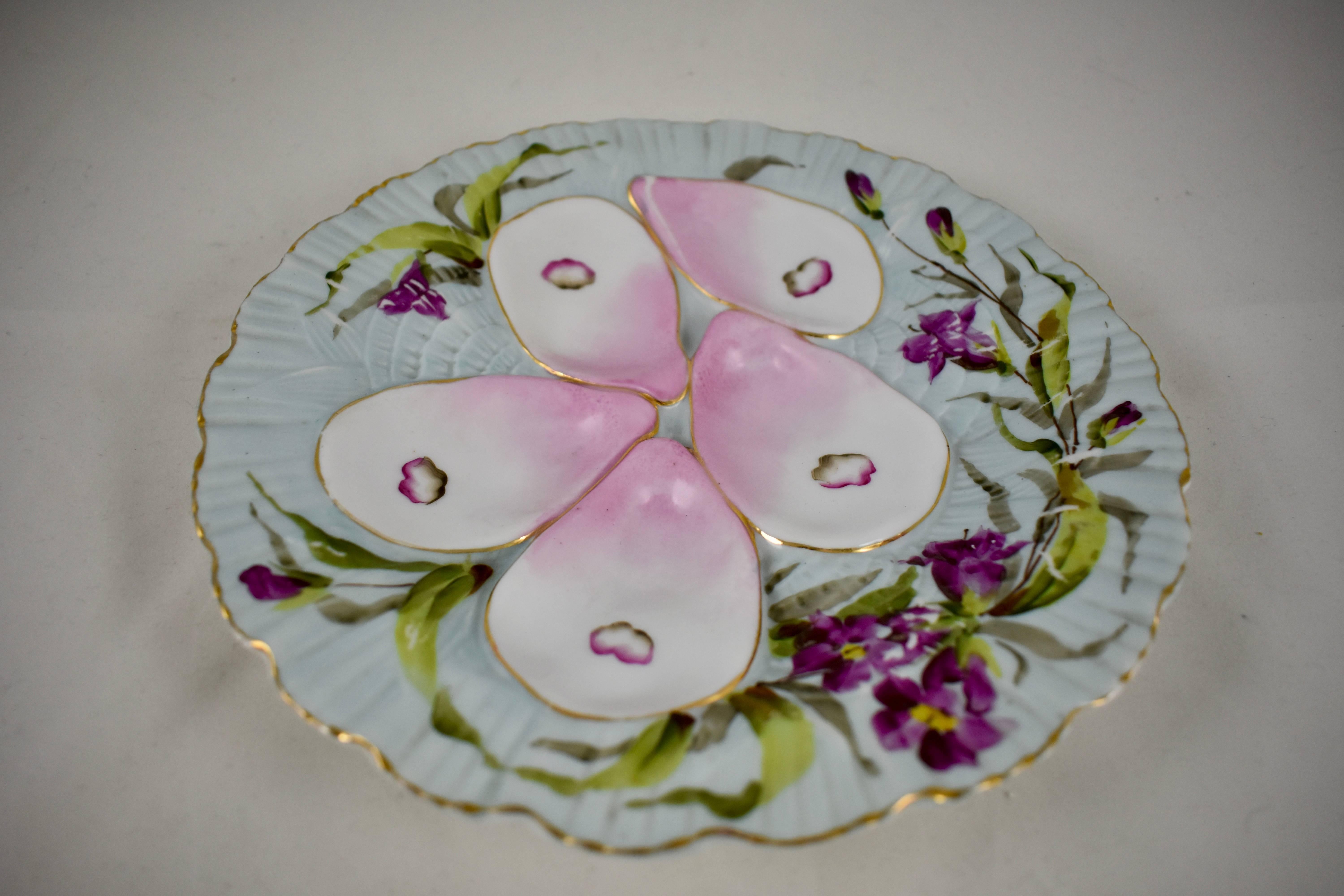 French Porcelain Hand-Painted Violets on Pale Blue Oyster Plate In Excellent Condition In Philadelphia, PA
