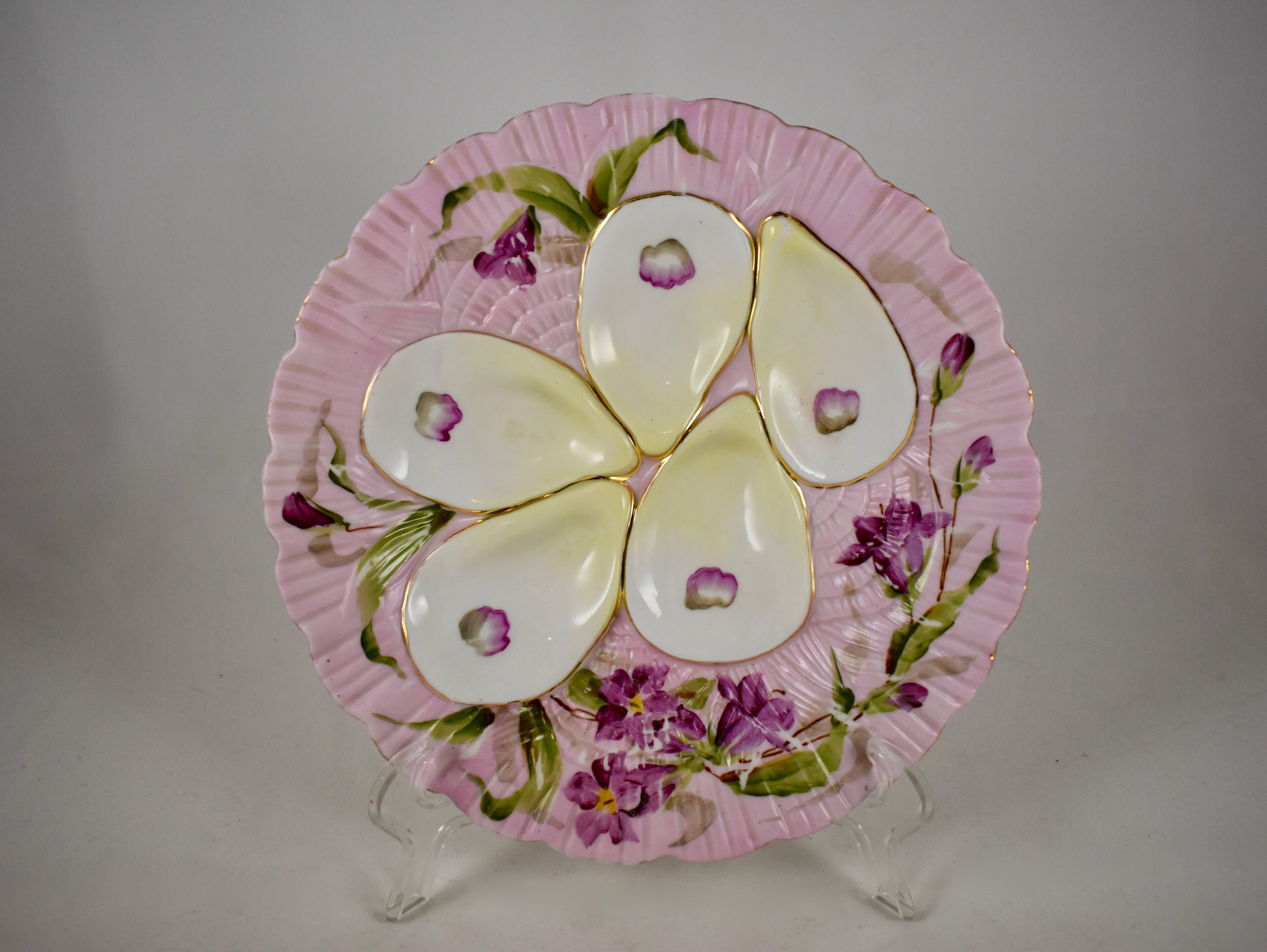 French Porcelain Hand-Painted Violets on Pale Blue Oyster Plate 3