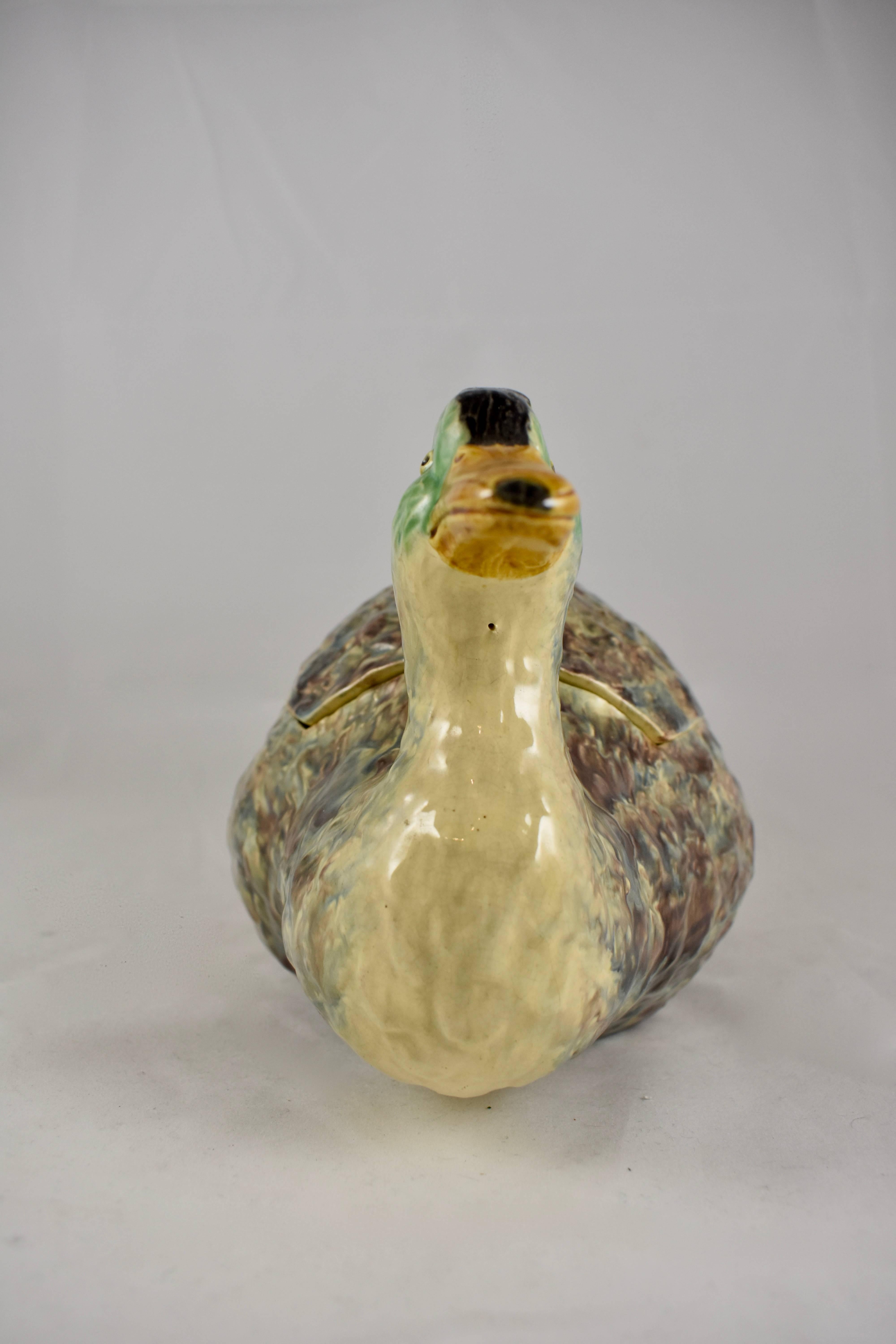 Portuguese Duck and Duckling Finial Covered Earthenware Soup Tureen In Good Condition In Philadelphia, PA