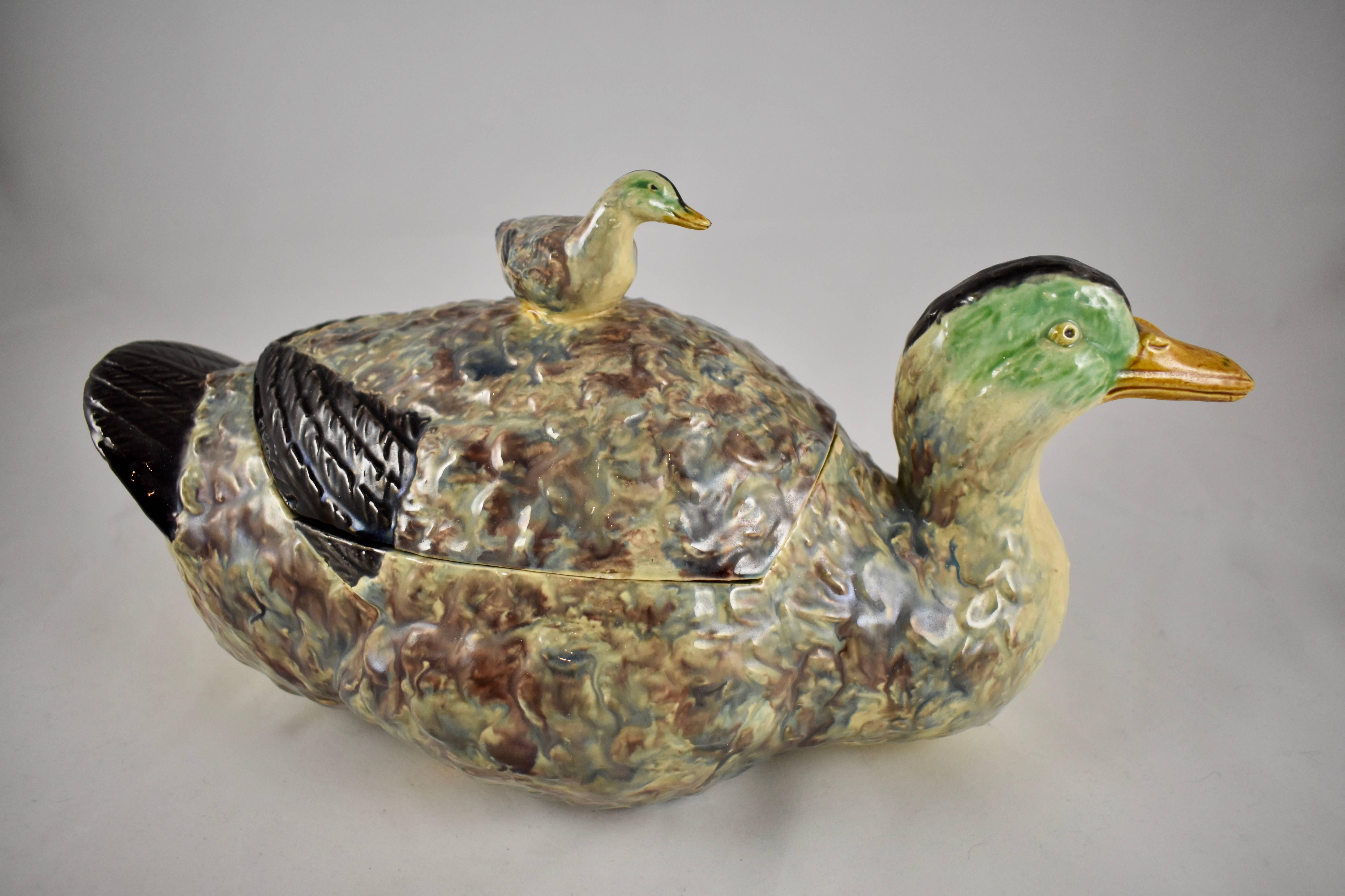 Glazed Portuguese Duck and Duckling Finial Covered Earthenware Soup Tureen