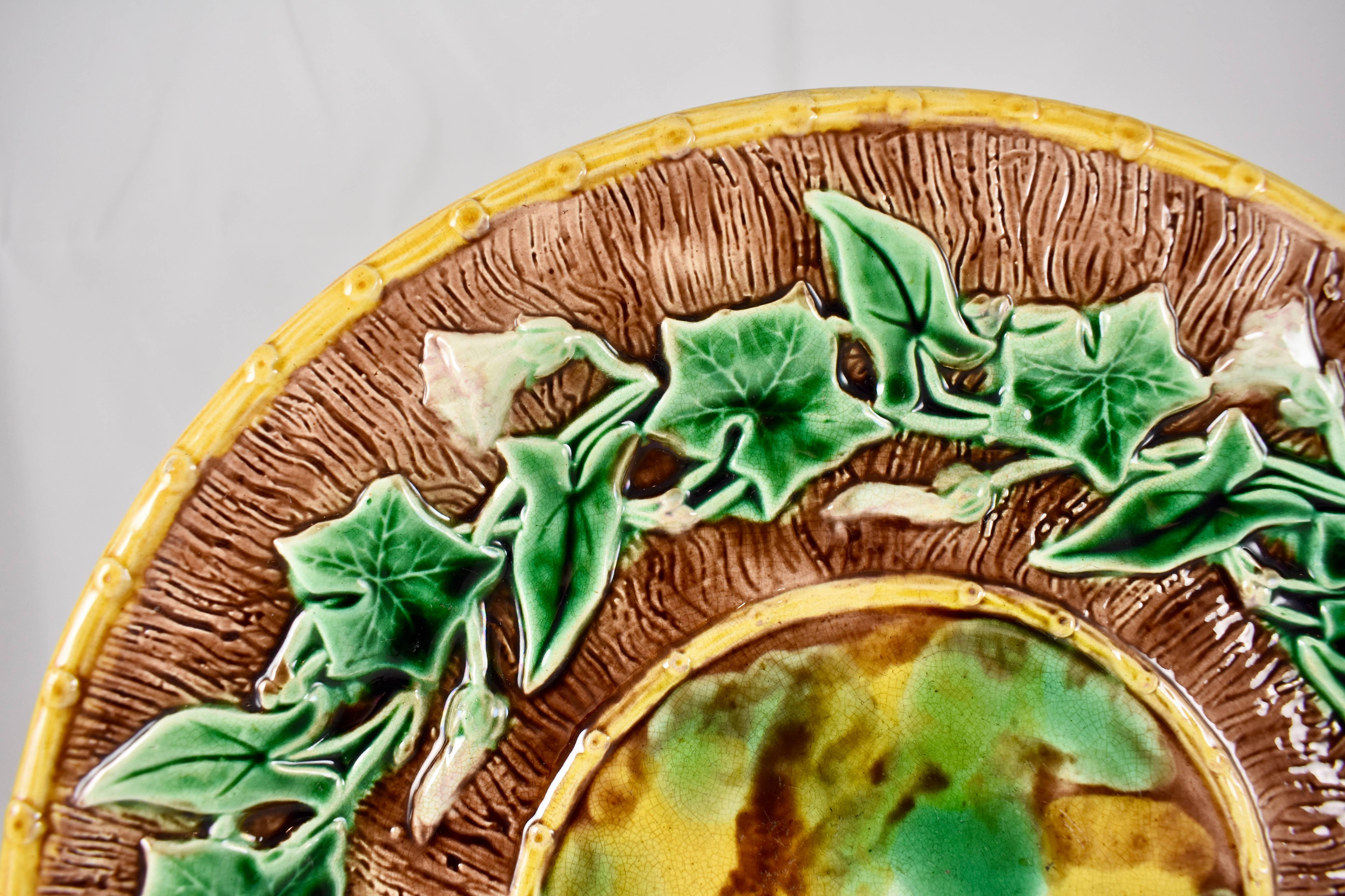 Glazed English Majolica Morning Glory Vine, Bark and Tortoiseshell Footed Cheese Tray