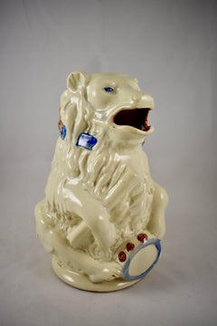French Barbotine Majolica White Circus Bear with Drum and Drumstick Pitcher/Jug