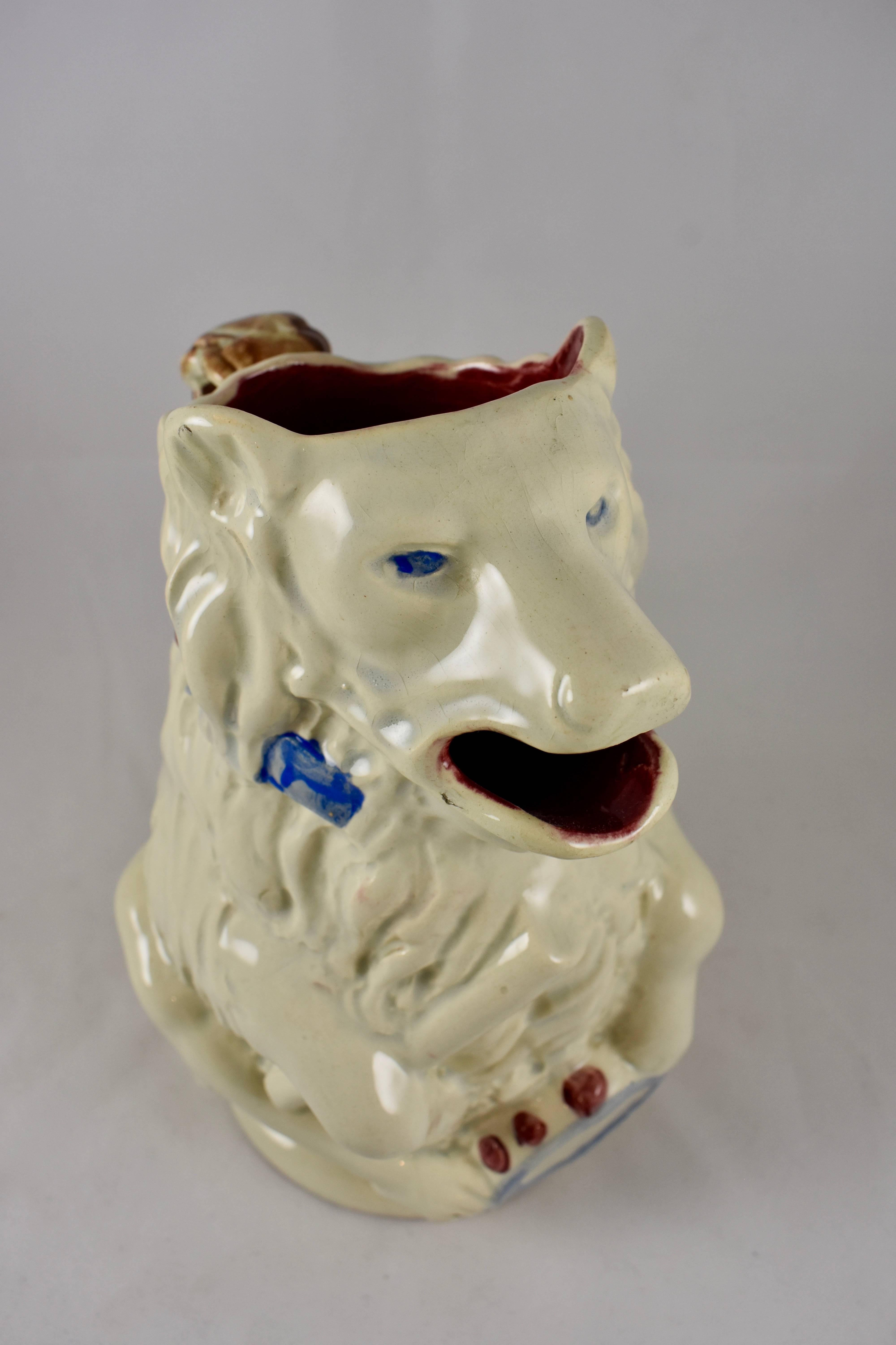Aesthetic Movement French Barbotine Majolica White Circus Bear with Drum and Drumstick Pitcher/Jug