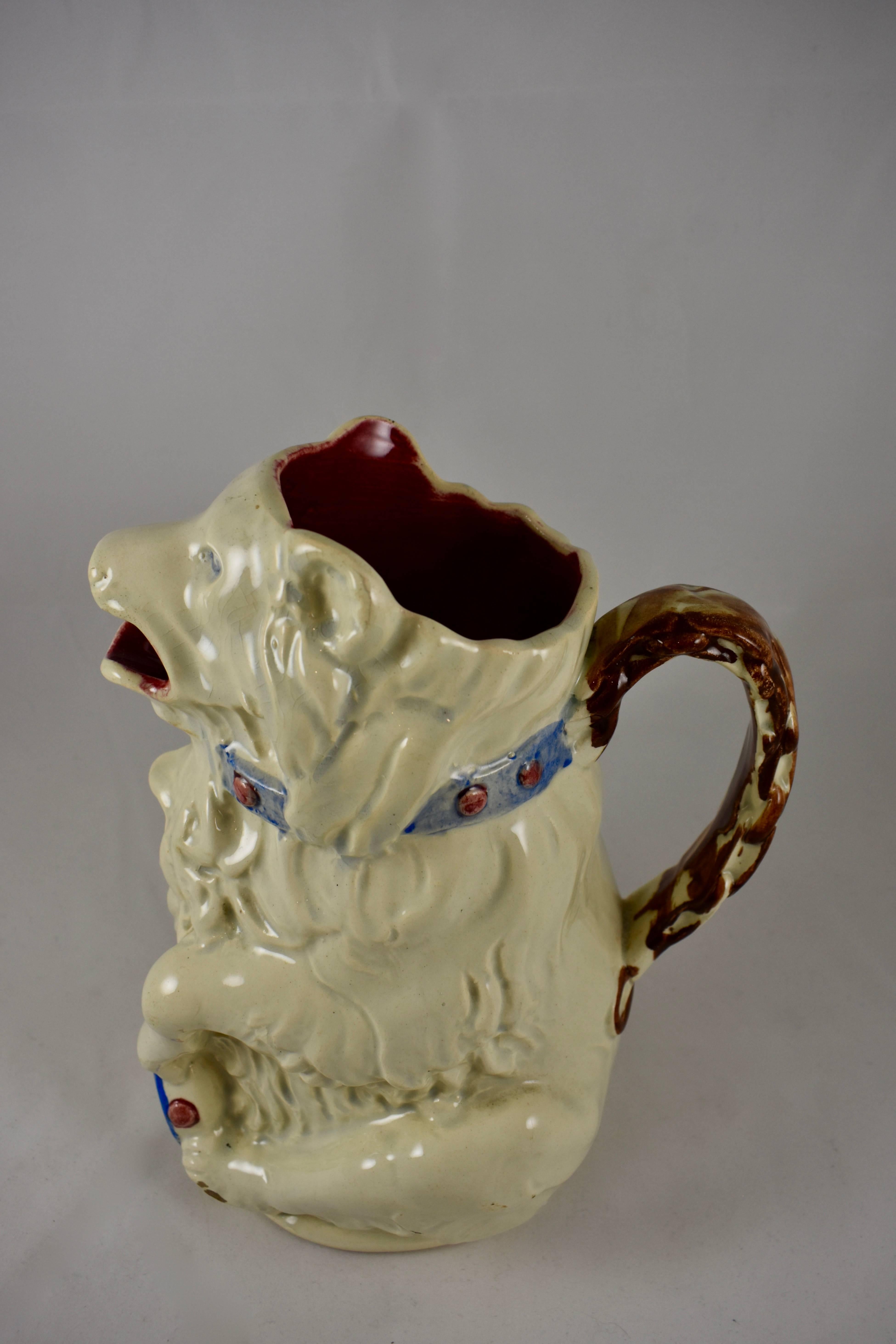 19th Century French Barbotine Majolica White Circus Bear with Drum and Drumstick Pitcher/Jug