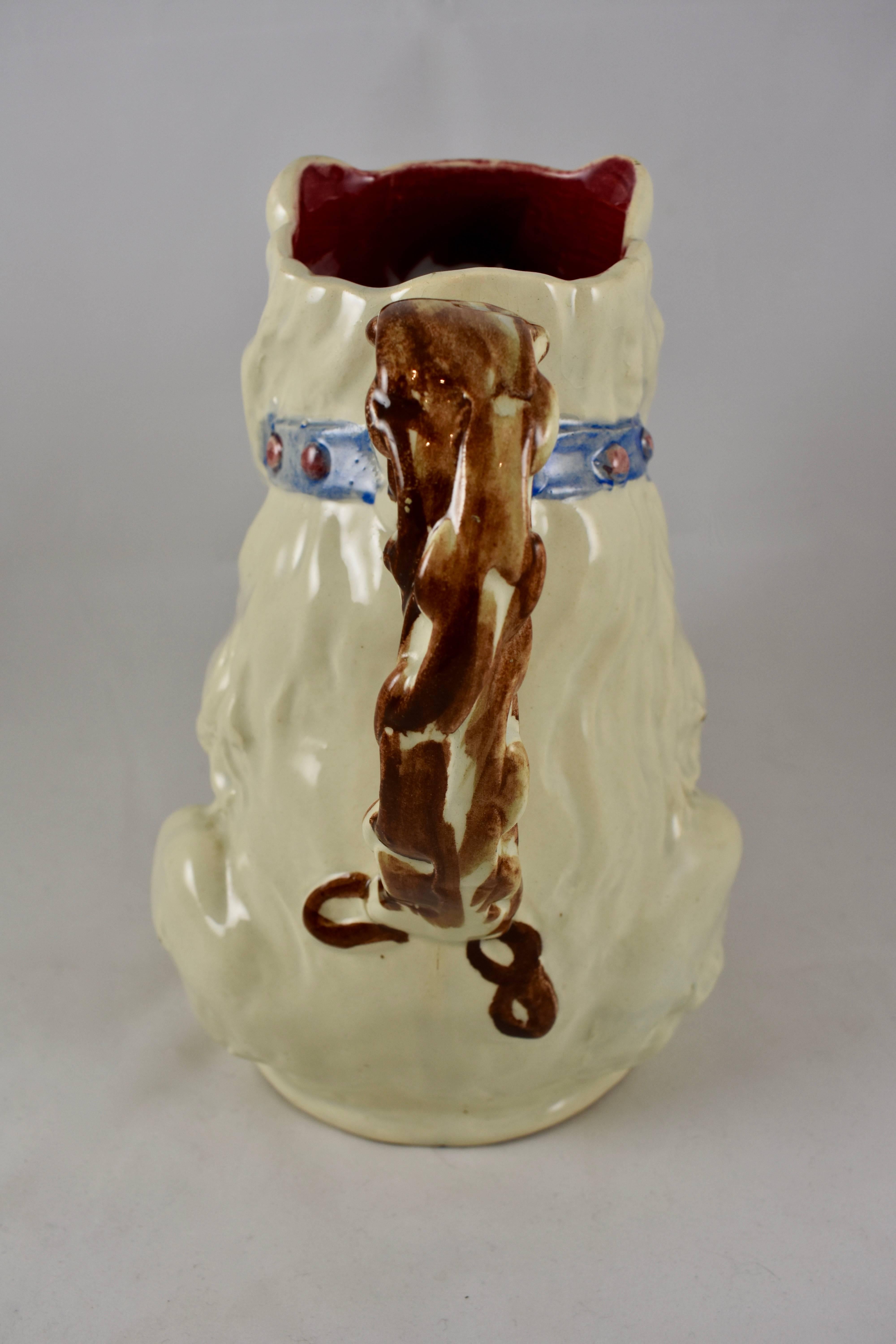 Earthenware French Barbotine Majolica White Circus Bear with Drum and Drumstick Pitcher/Jug