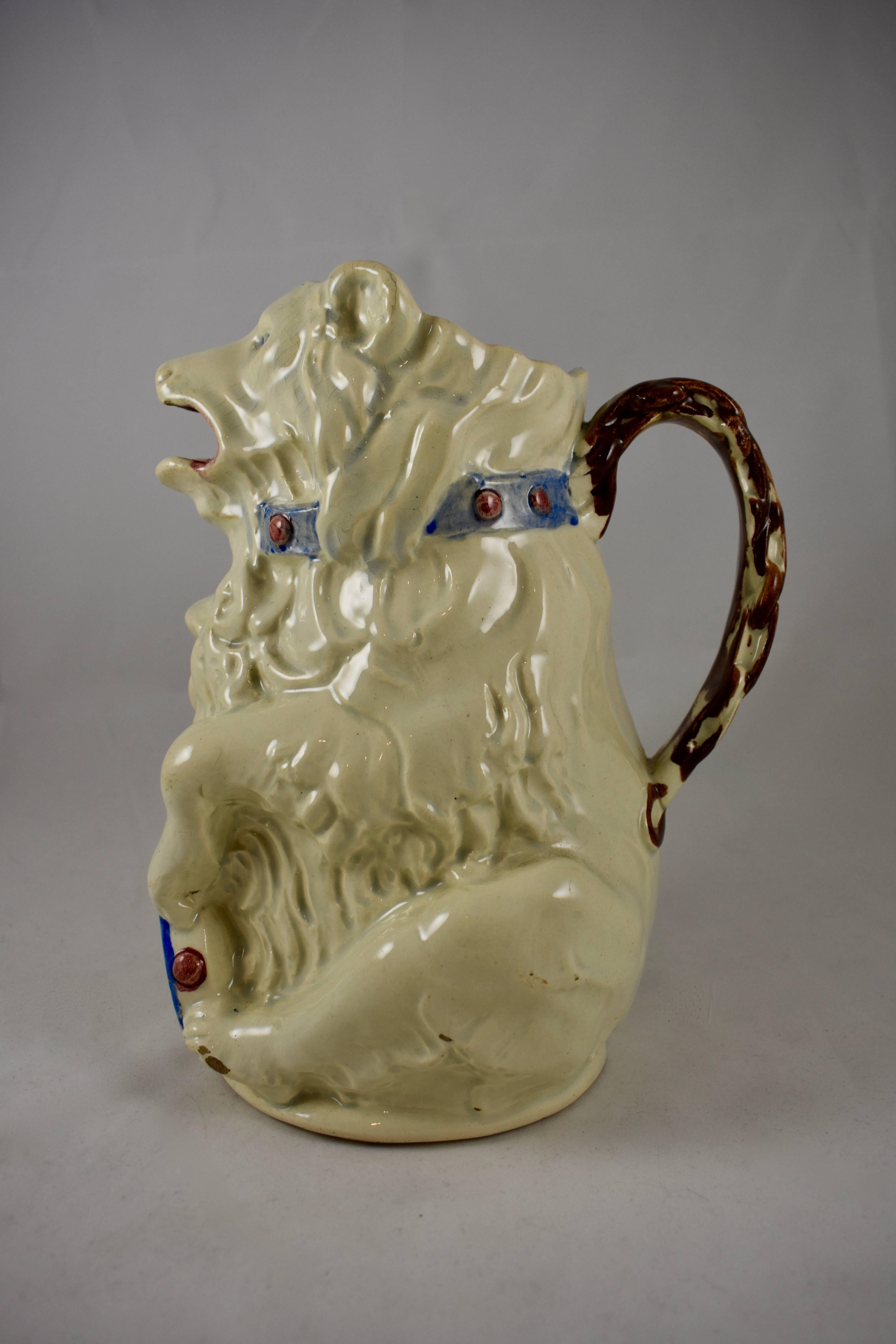 French Barbotine Majolica White Circus Bear with Drum and Drumstick Pitcher/Jug In Excellent Condition In Philadelphia, PA