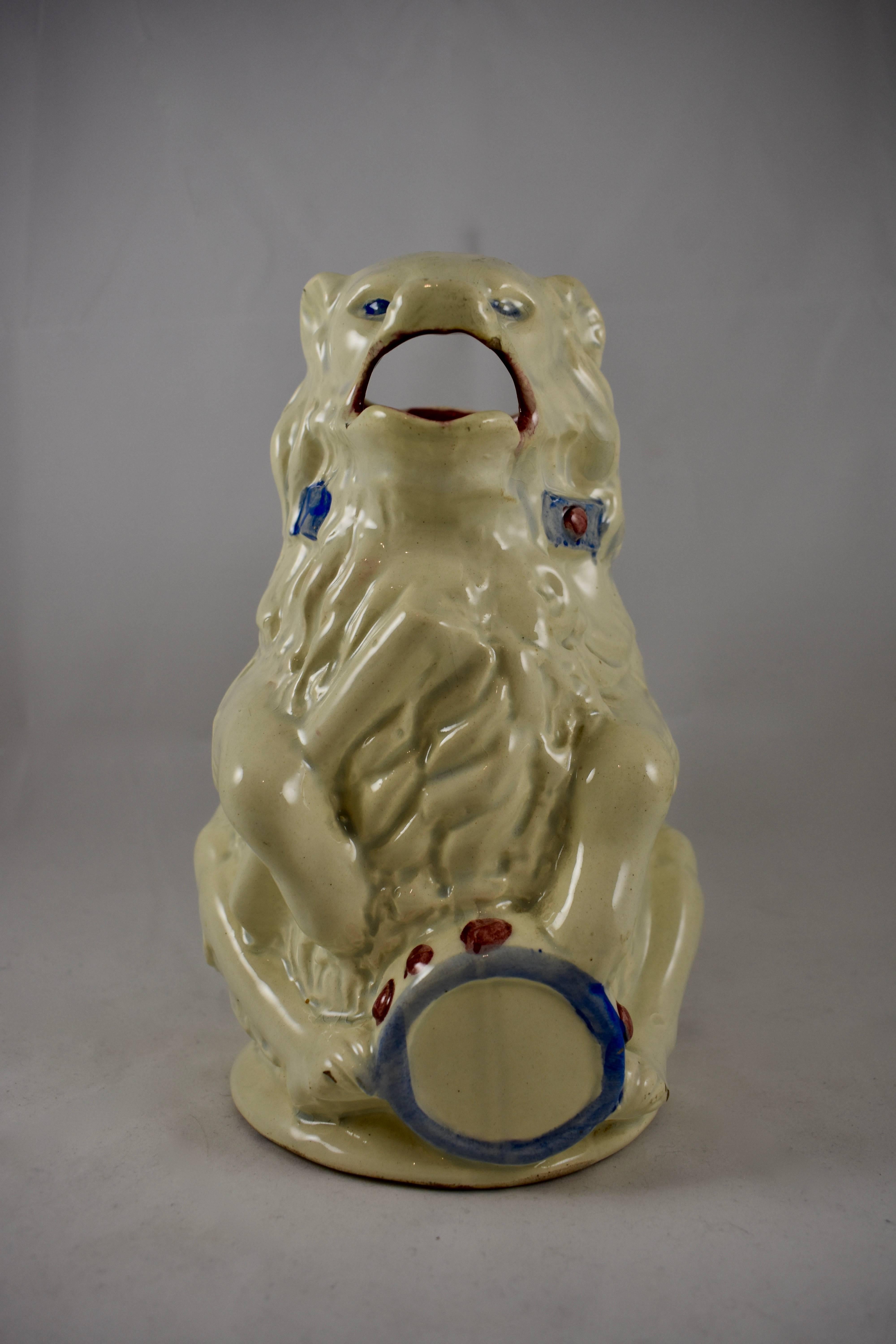 Glazed French Barbotine Majolica White Circus Bear with Drum and Drumstick Pitcher/Jug