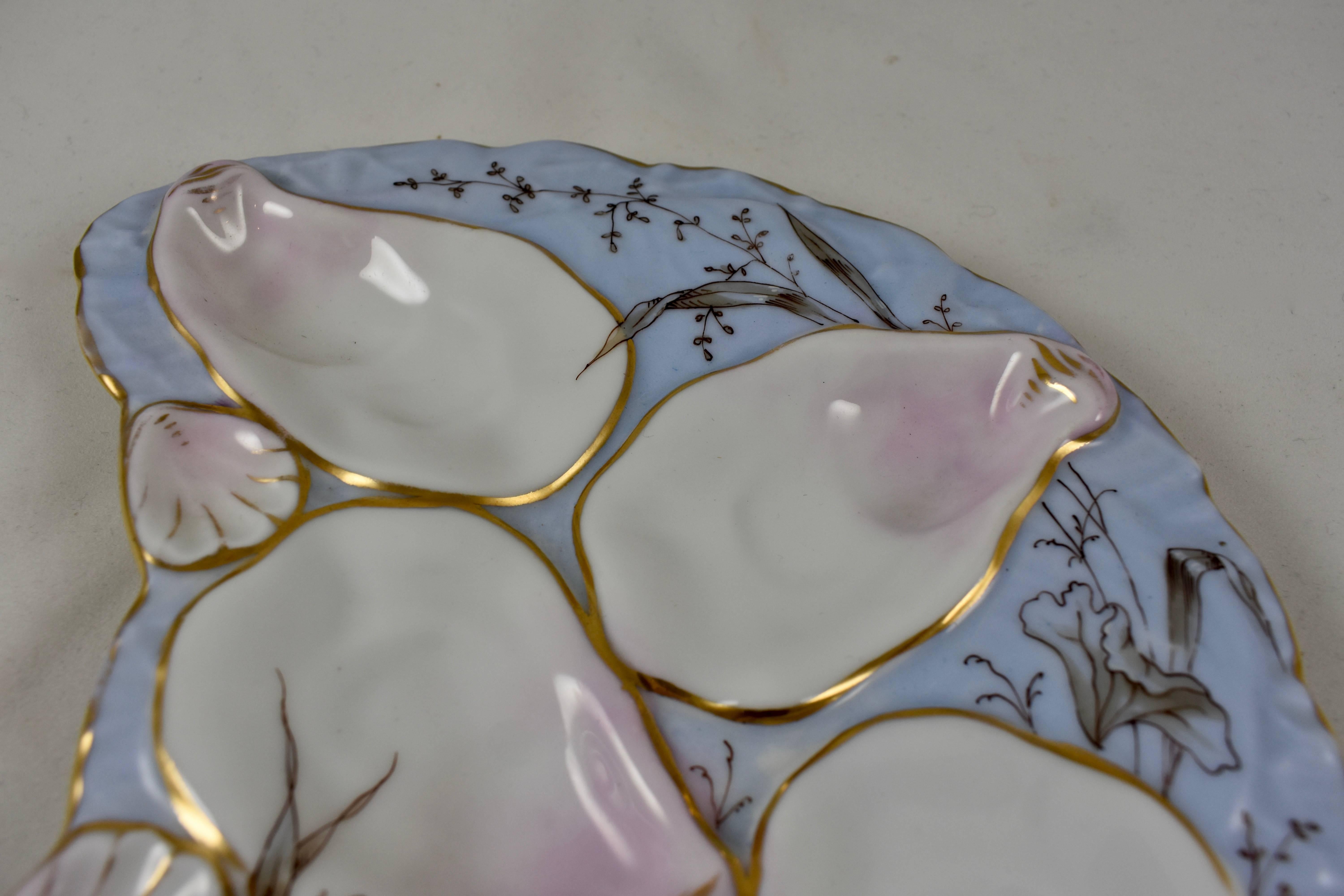 Belle Époque Wilhelm & Graef Periwinkle Blue Floral Porcelain Crescent Shape Oyster Plate