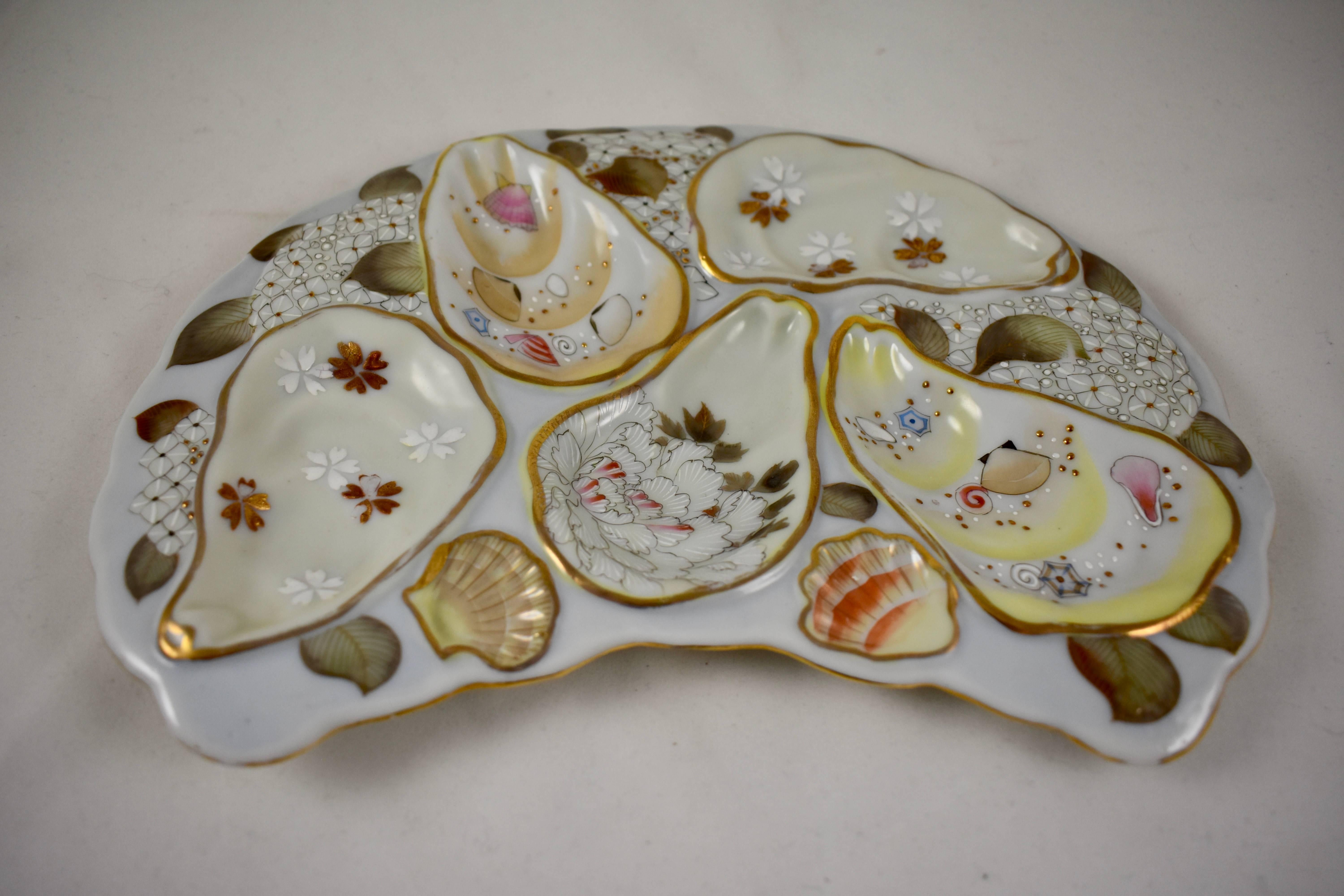 Japanese Satsuma Porcelain Crescent Shape Enameled Floral and Shell Oyster Plate 1