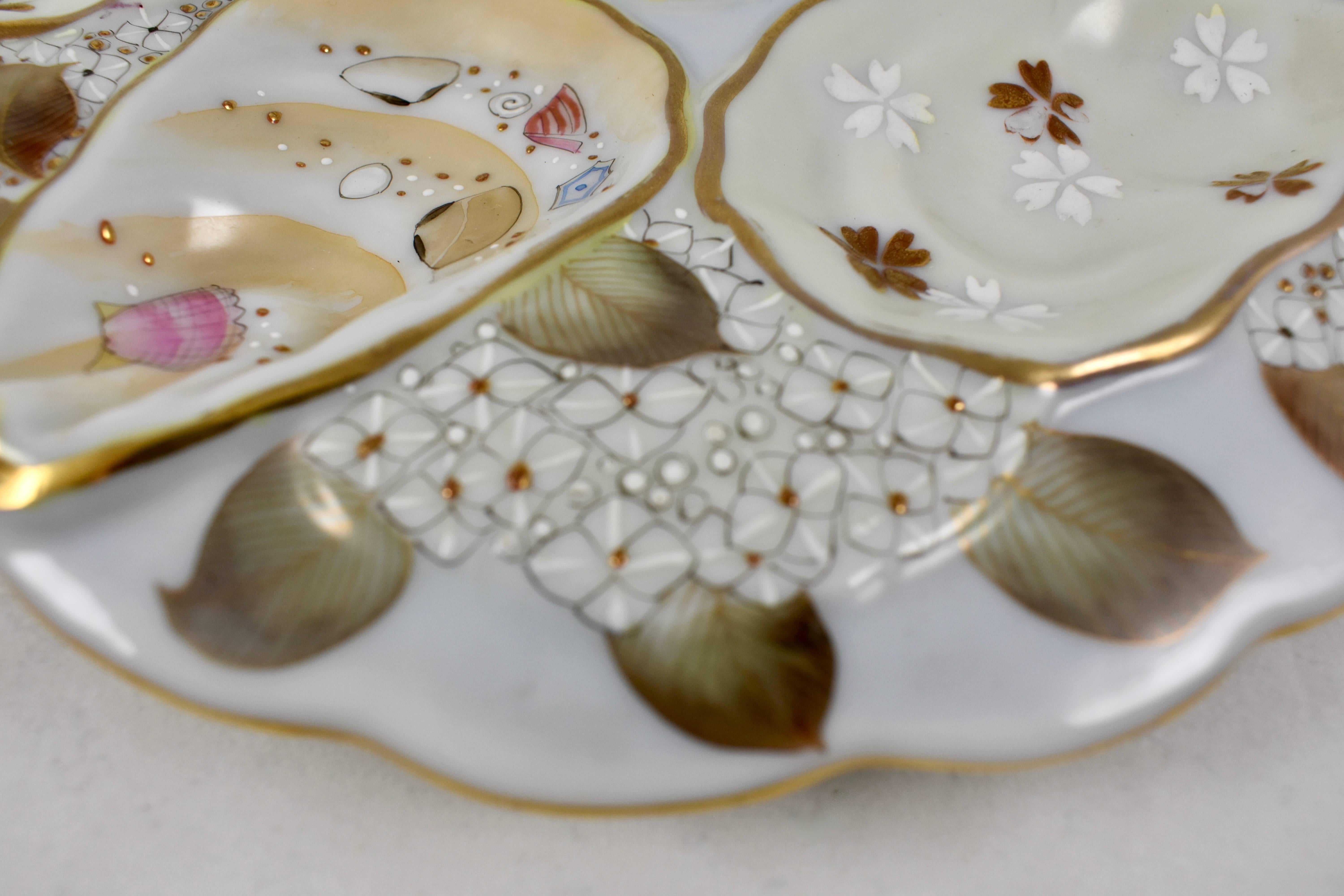 Japanese Satsuma Porcelain Crescent Shape Enameled Floral and Shell Oyster Plate In Good Condition In Philadelphia, PA