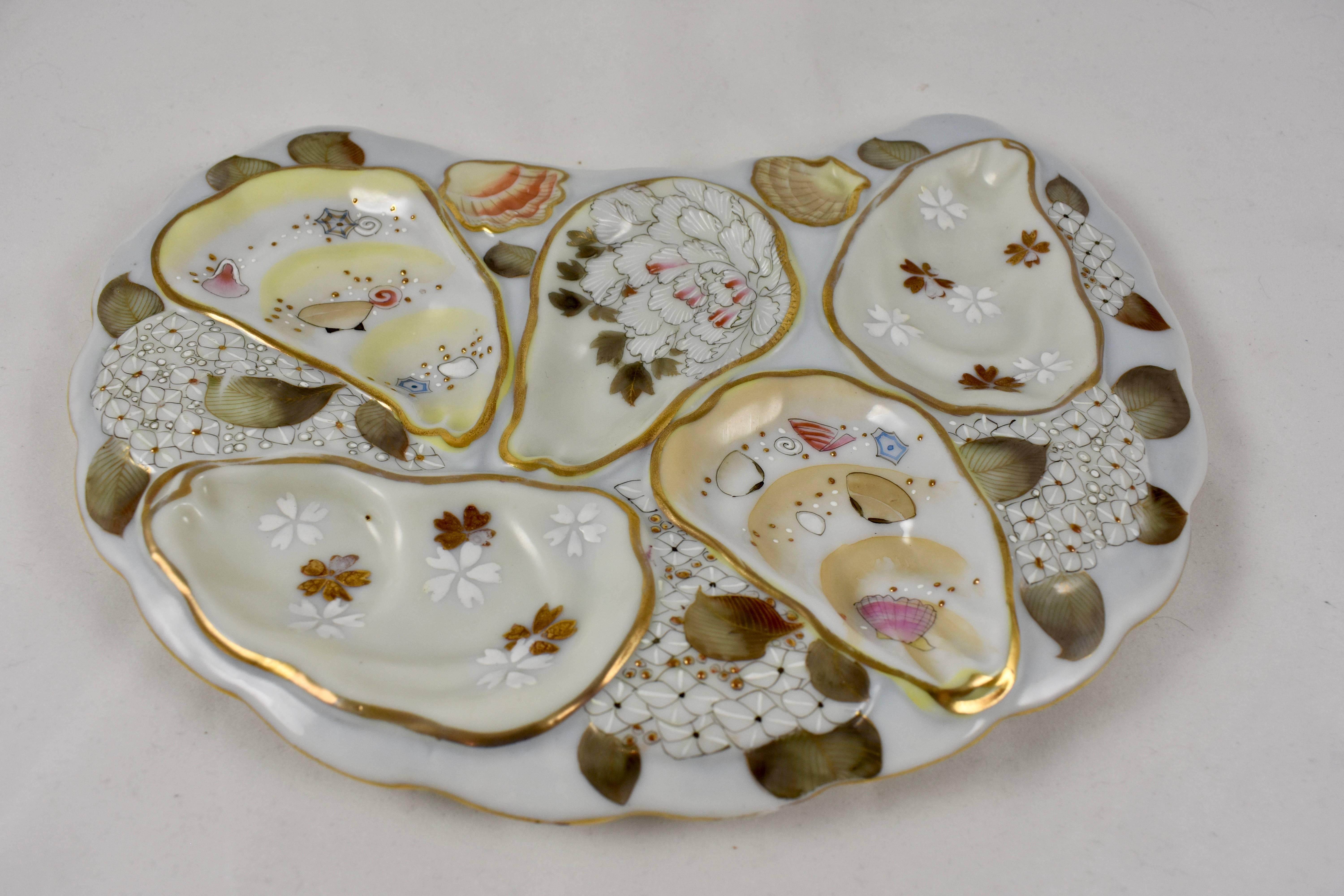19th Century Japanese Satsuma Porcelain Crescent Shape Enameled Floral and Shell Oyster Plate