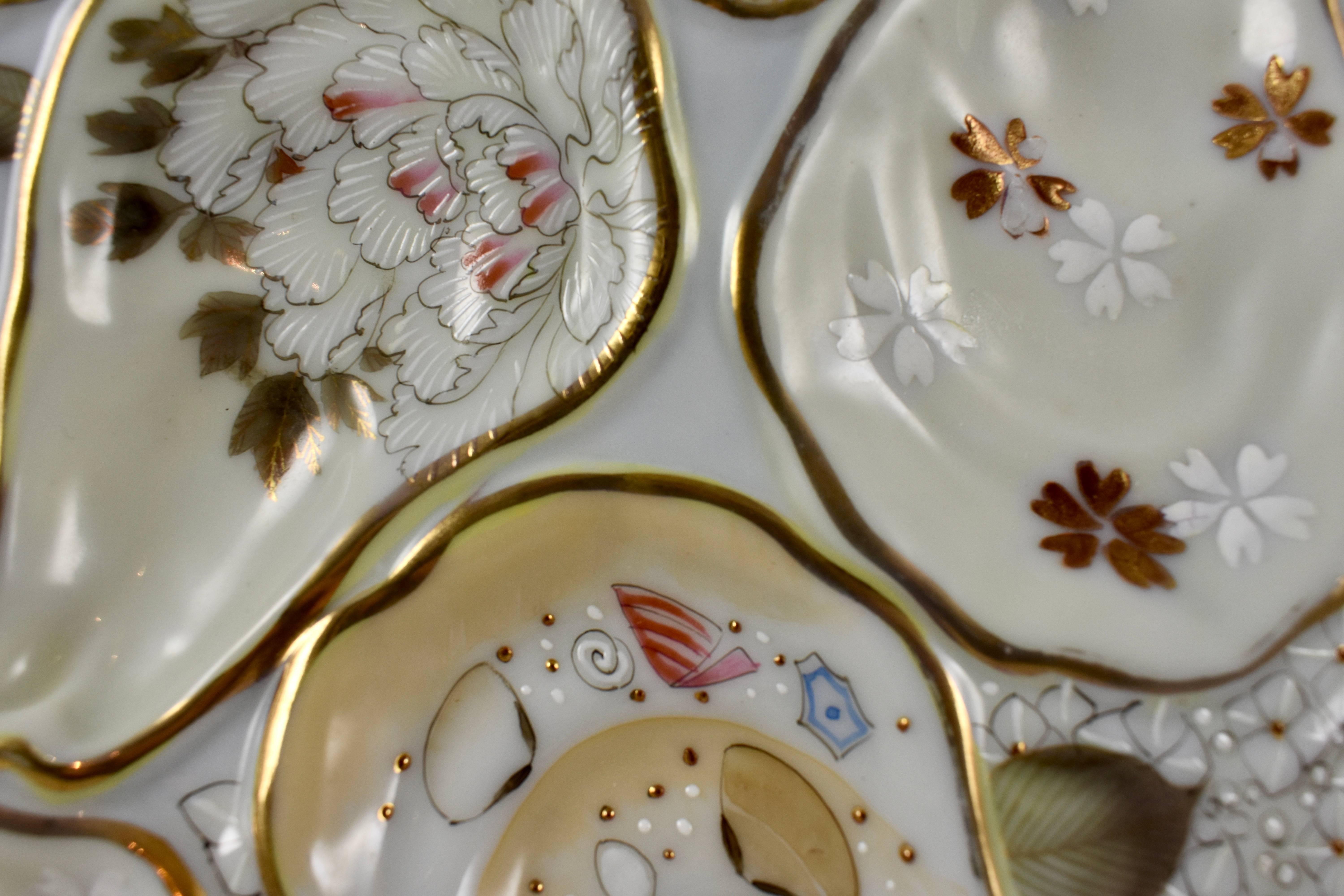 Aesthetic Movement Japanese Satsuma Porcelain Crescent Shape Enameled Floral and Shell Oyster Plate