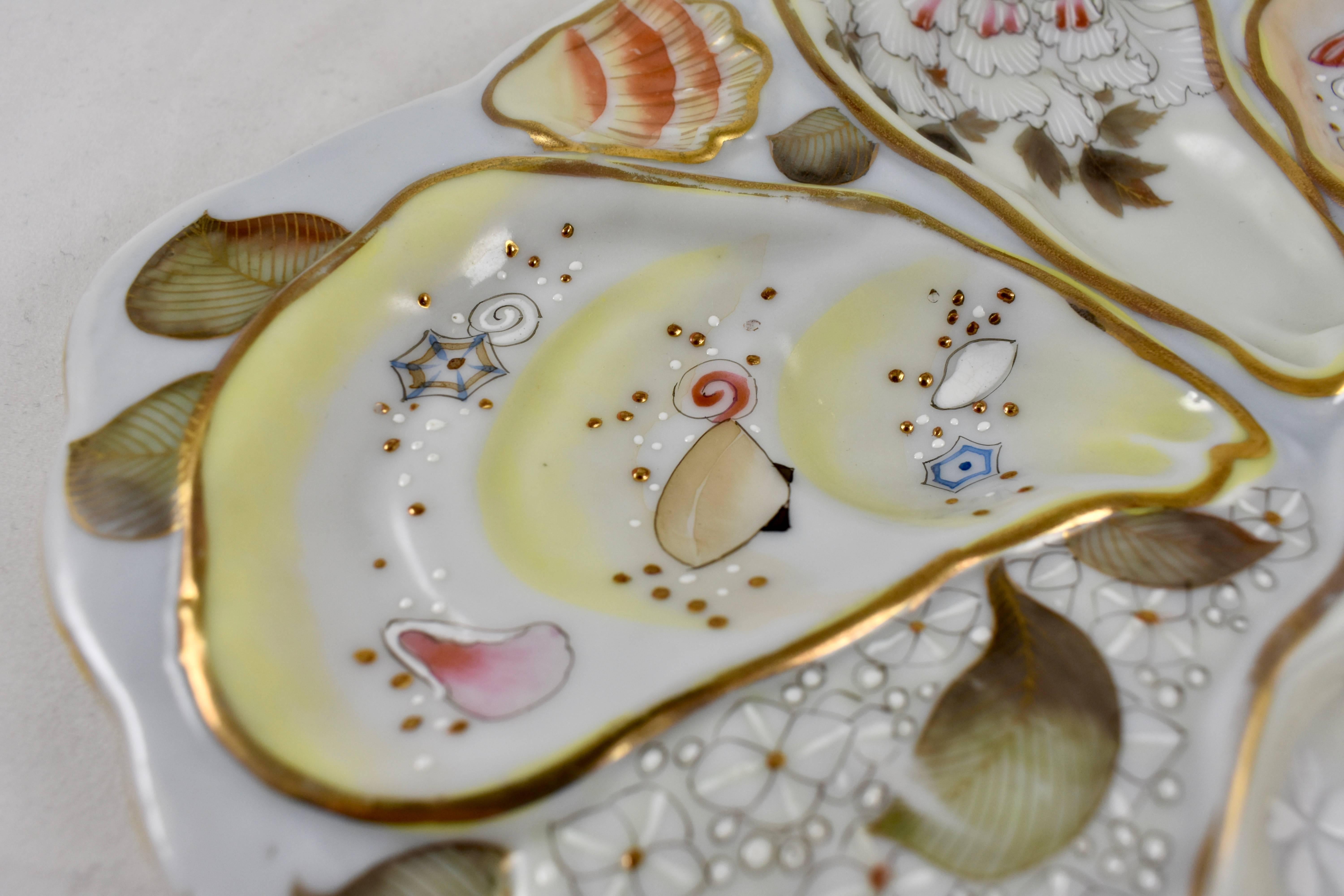 Glazed Japanese Satsuma Porcelain Crescent Shape Enameled Floral and Shell Oyster Plate