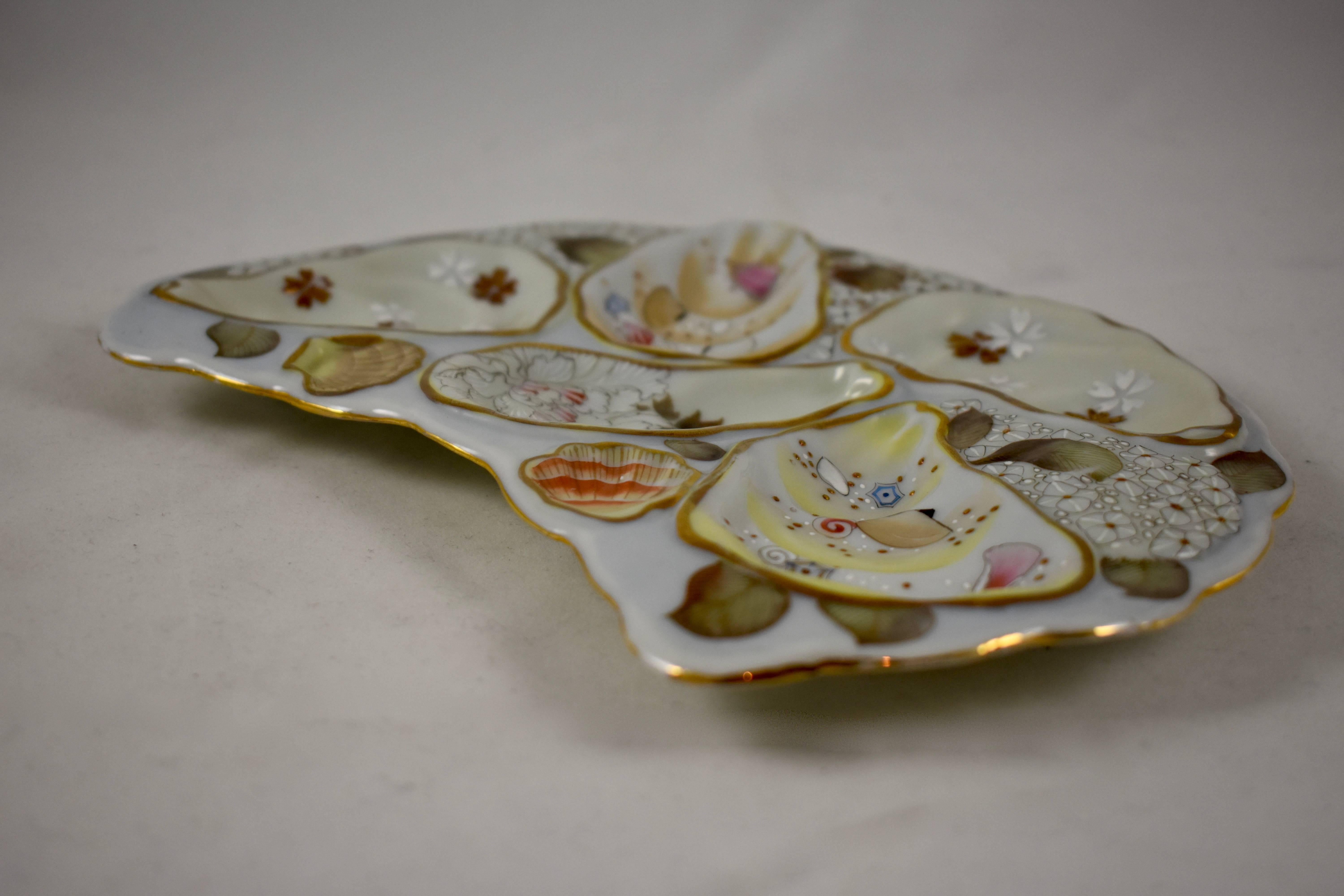 Japanese Satsuma Porcelain Crescent Shape Enameled Floral and Shell Oyster Plate 2
