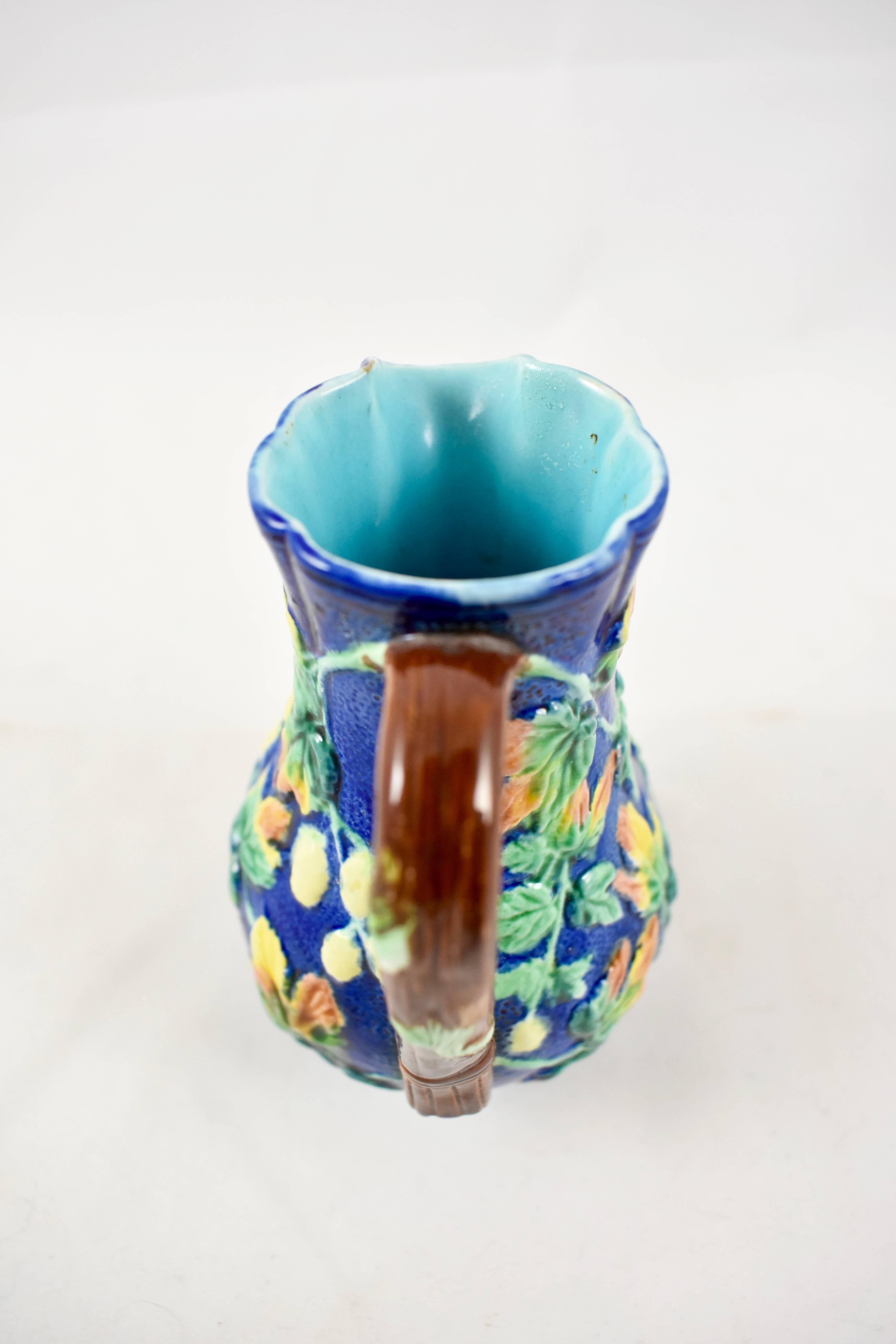 19th Century Royal Worcester English Majolica Glazed Hops & Leaves Miniature Pitcher