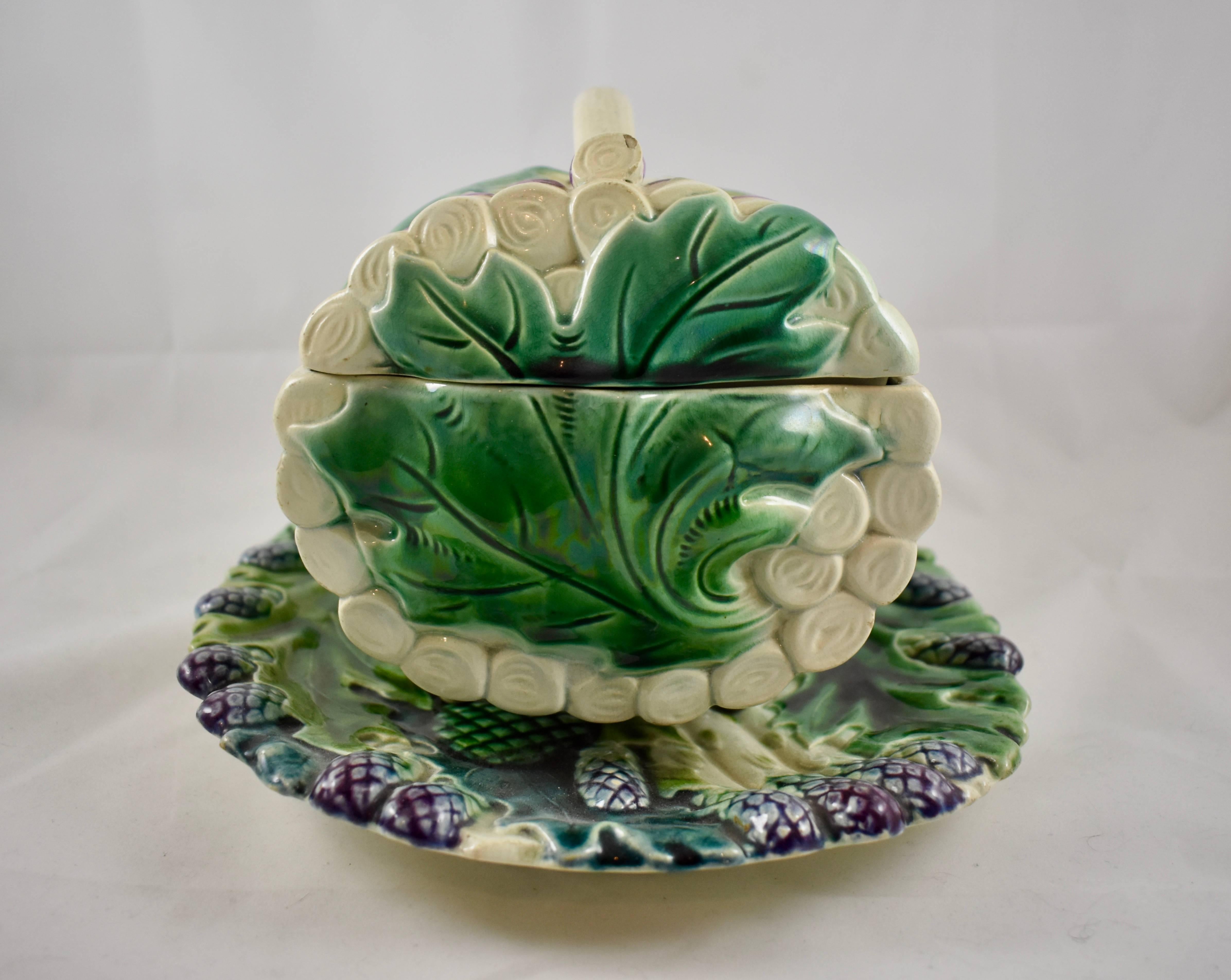 Glazed Luneville Art Nouveau French Majolica Asparagus Tureen and under Tray