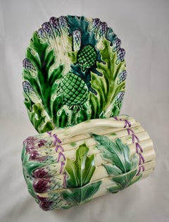 Luneville Art Nouveau, zuppiera di asparagi in maiolica francese e vassoio sottostante