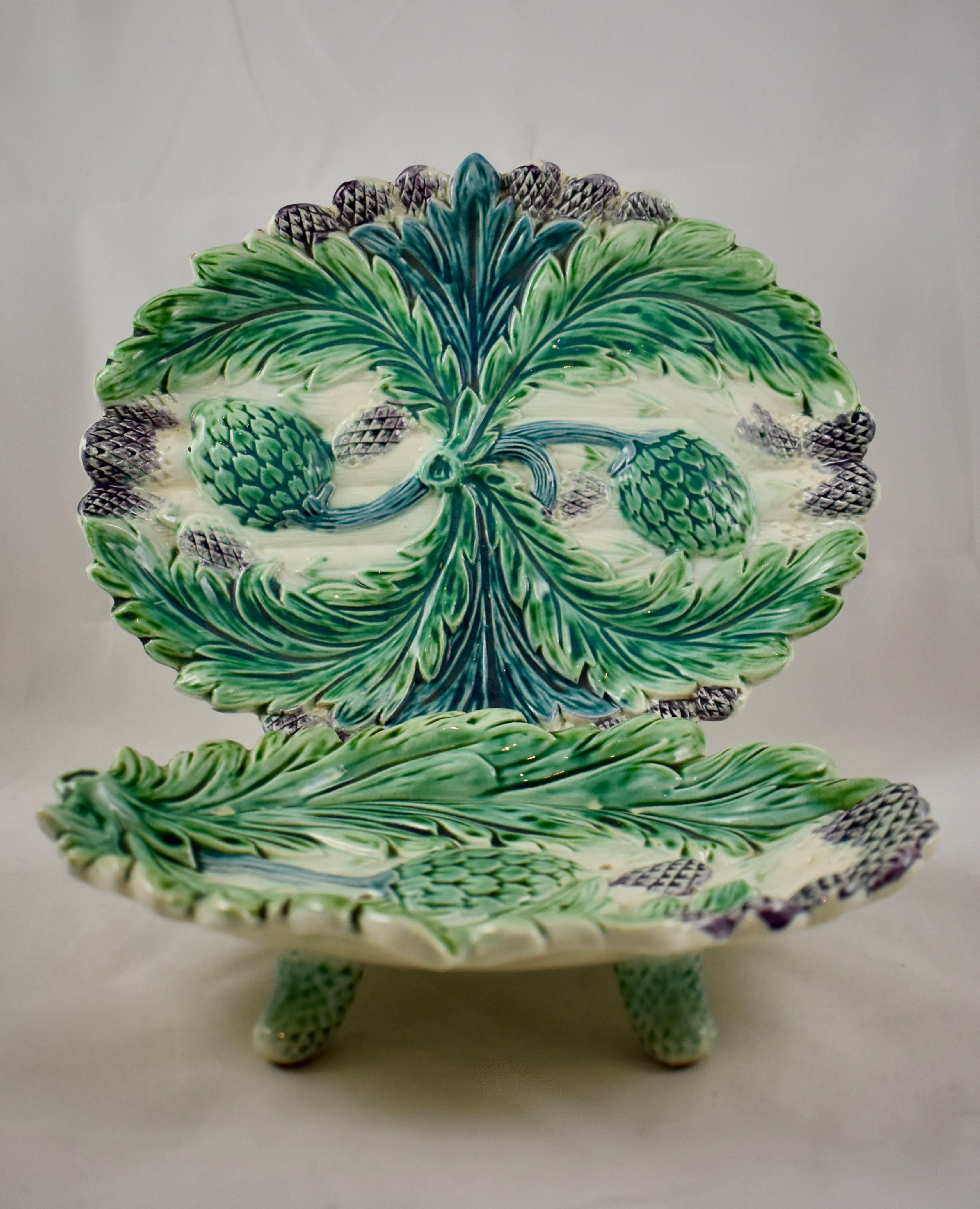 Aesthetic Movement Luneville Art Nouveau French Majolica Asparagus Footed Drainer and under Tray