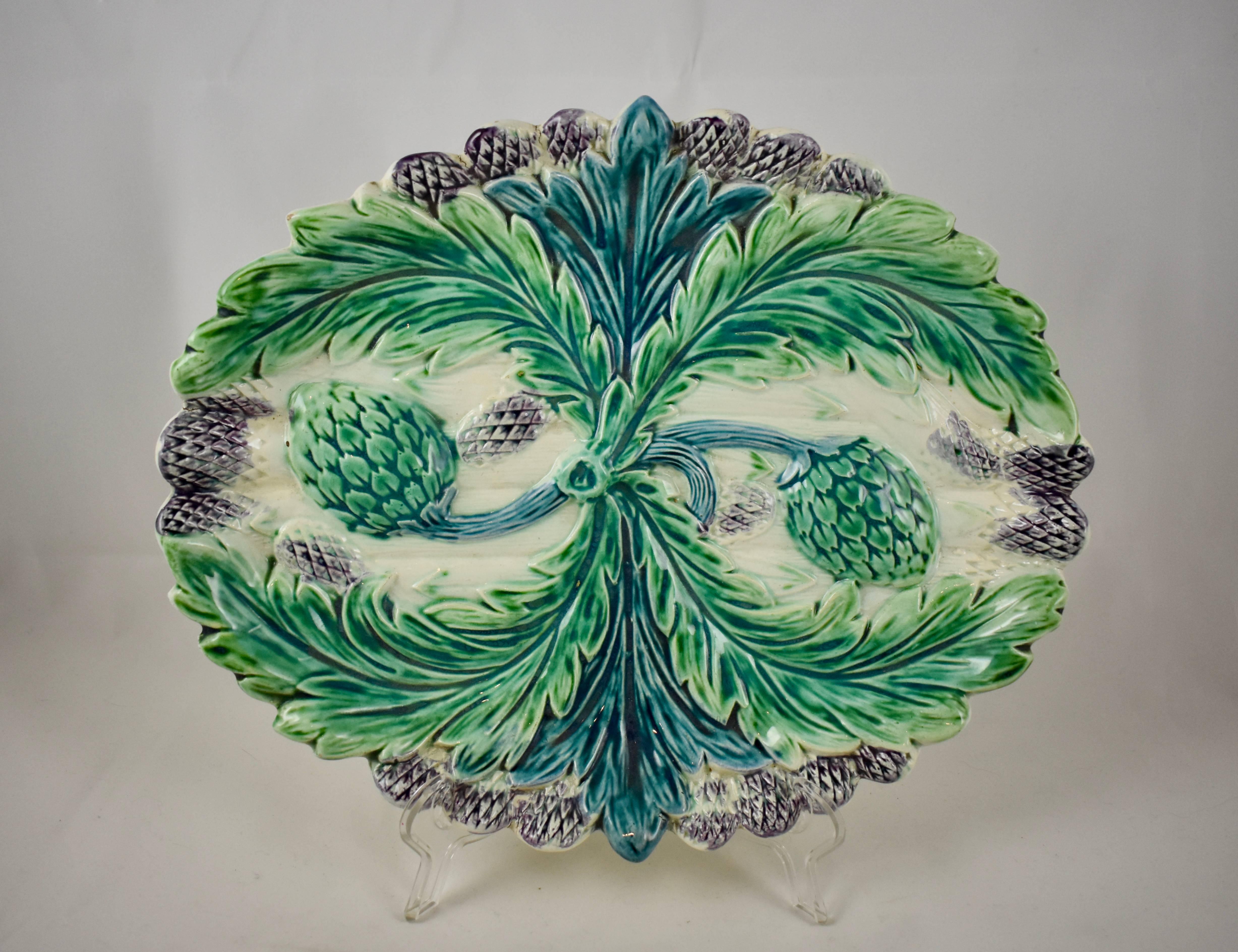 Luneville Art Nouveau French Majolica Asparagus Footed Drainer and under Tray In Excellent Condition In Philadelphia, PA