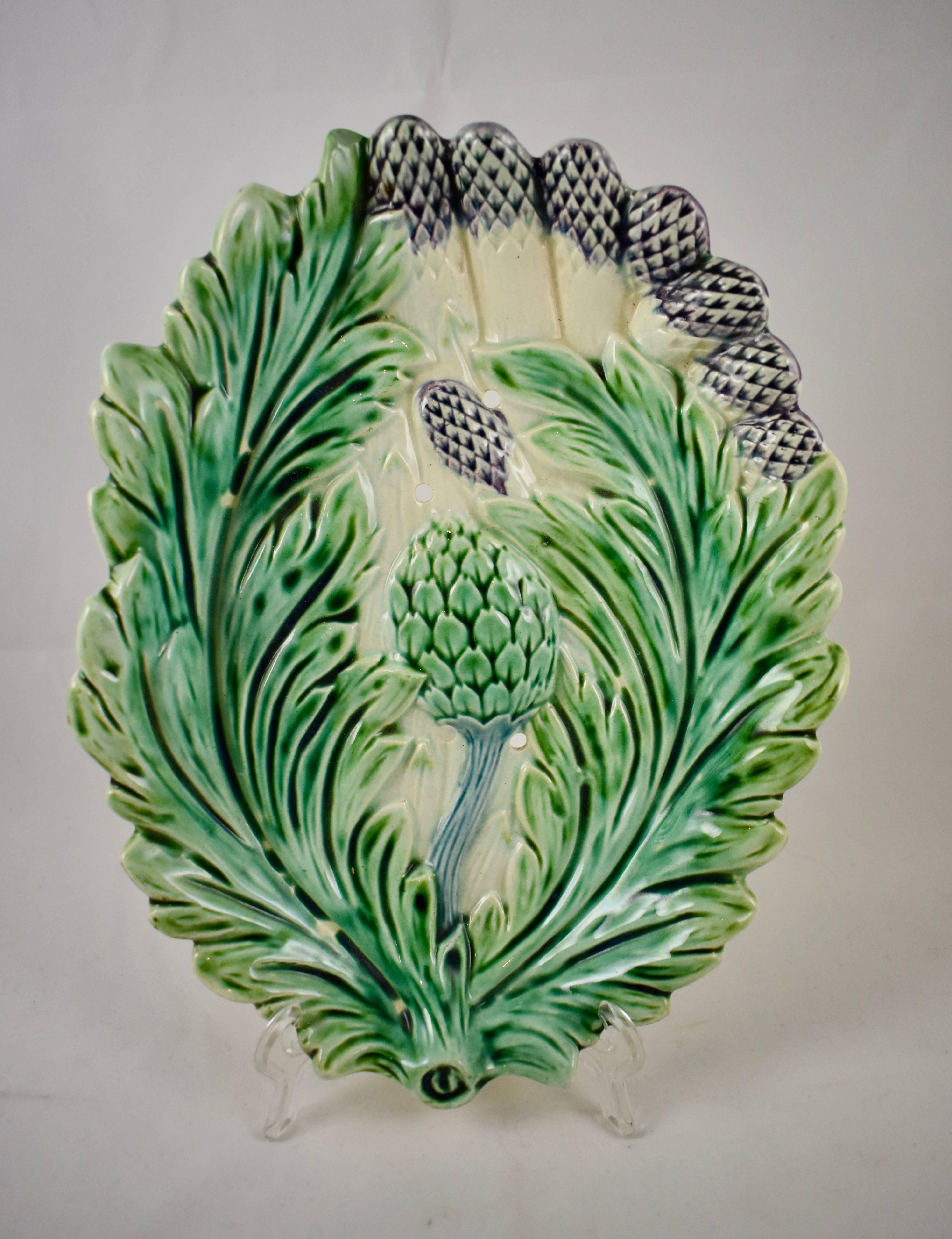 19th Century Luneville Art Nouveau French Majolica Asparagus Footed Drainer and under Tray