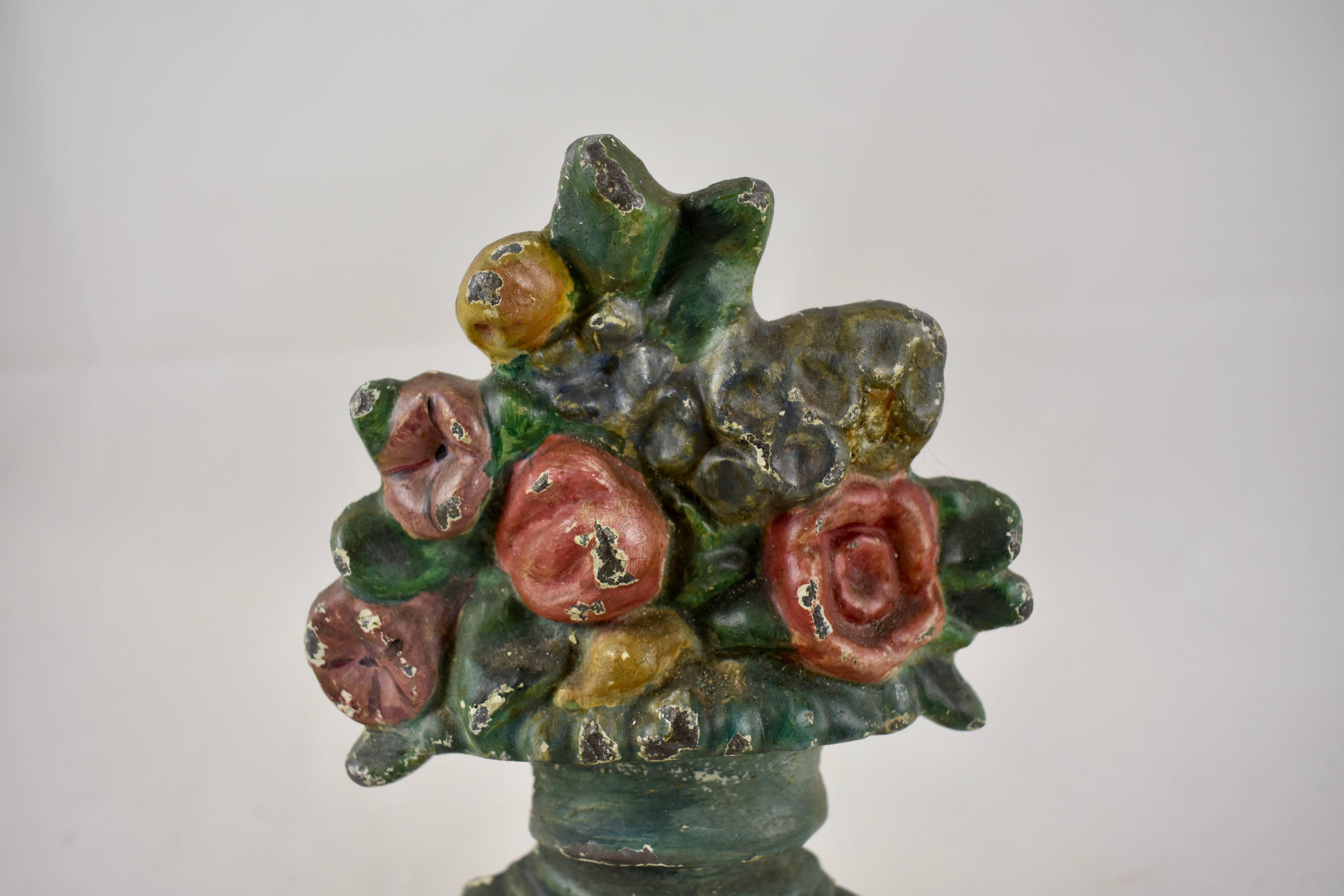 American Classical 1930s Hubley Cast Iron Petite Floral and Green Urn Bouquet Doorstop