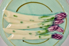 French Faïence Sarreguemines Barbotine Turquoise Hand Painted Asparagus Plate