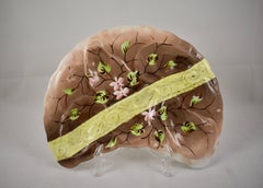 Porcelain Crescent Shape Floral and Ribbon Hand-Painted Oyster Plate