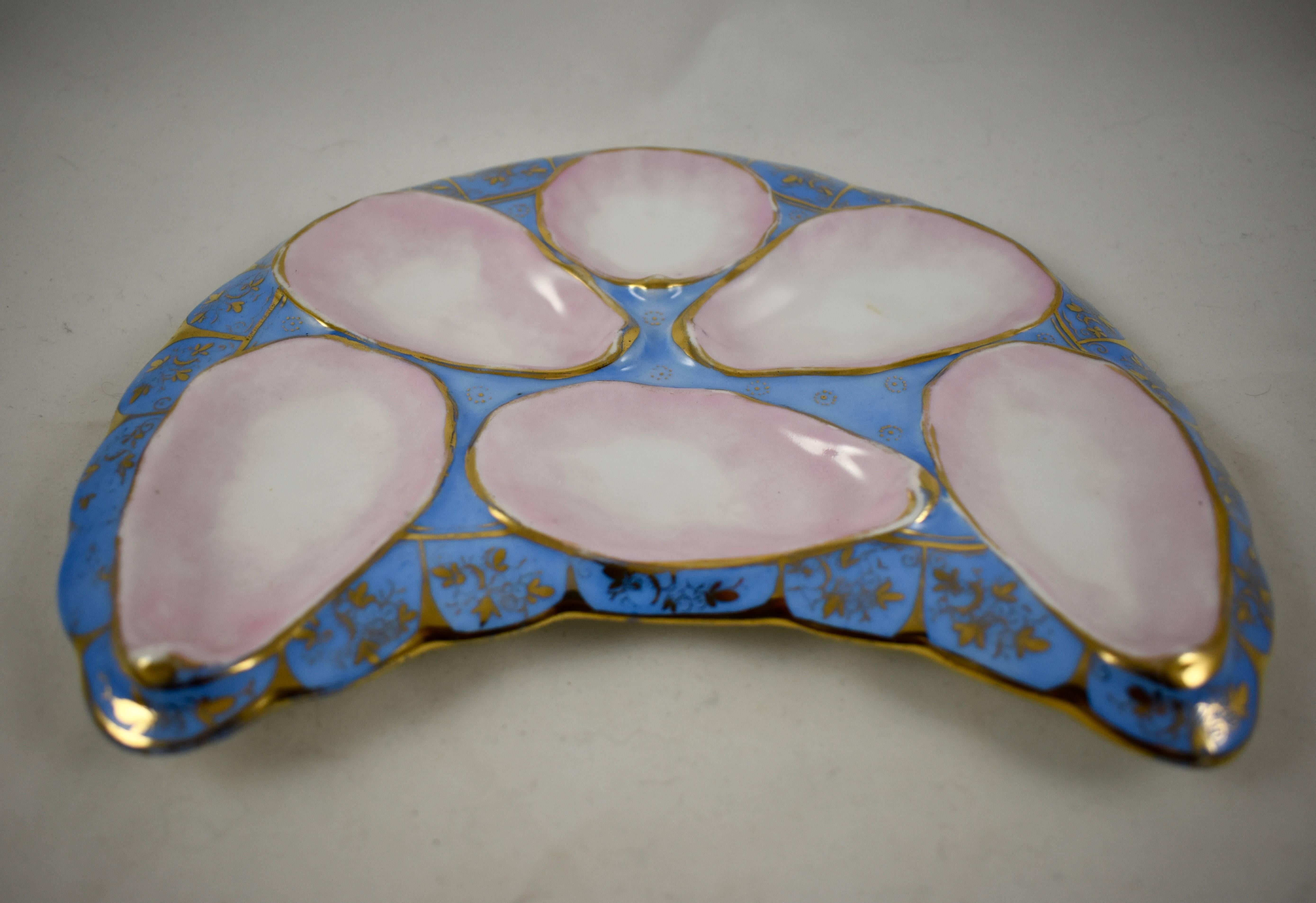 Glazed Porcelain Crescent Shape Gilded Periwinkle Blue Hand-Painted Oyster Plate