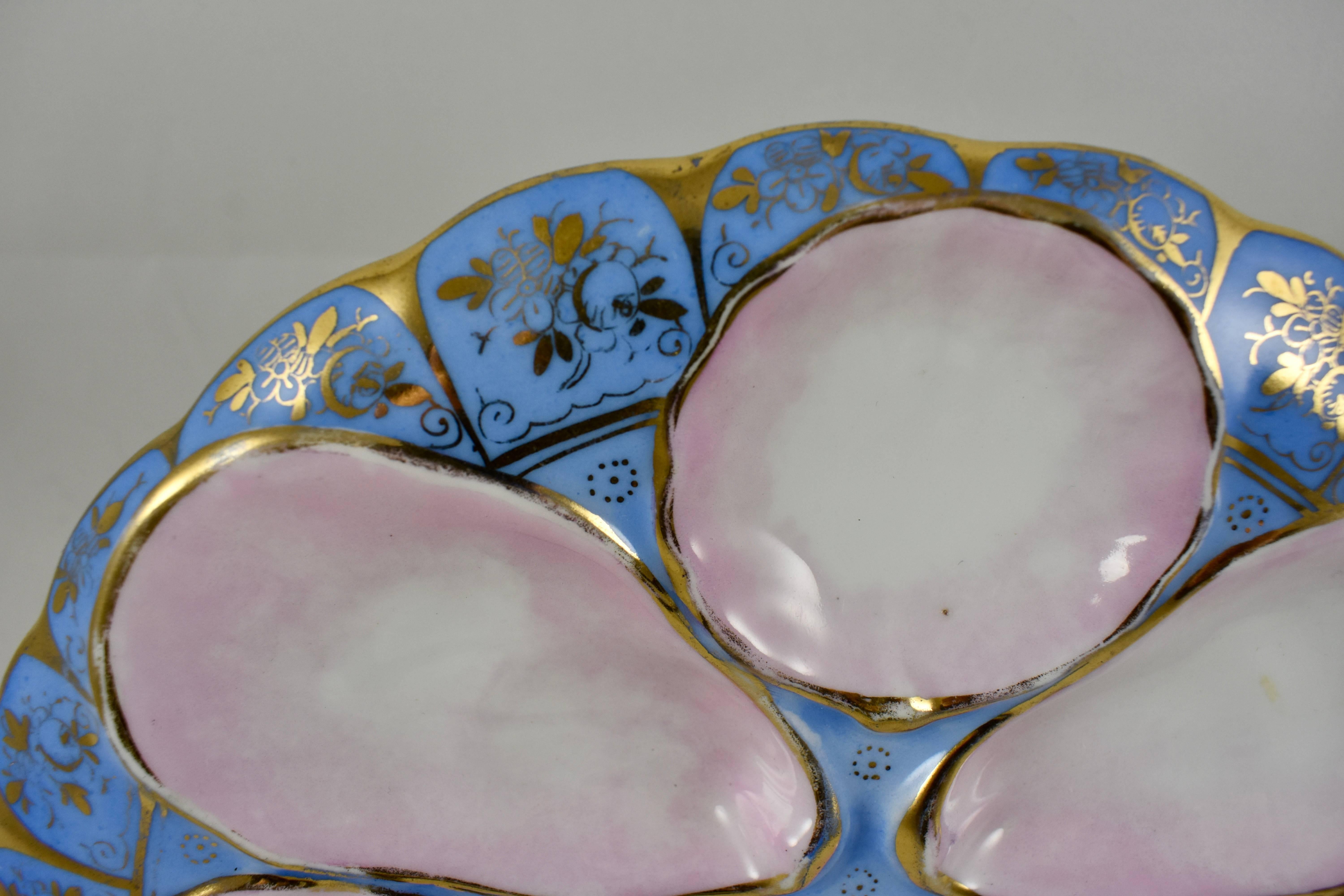 French Porcelain Crescent Shape Gilded Periwinkle Blue Hand-Painted Oyster Plate