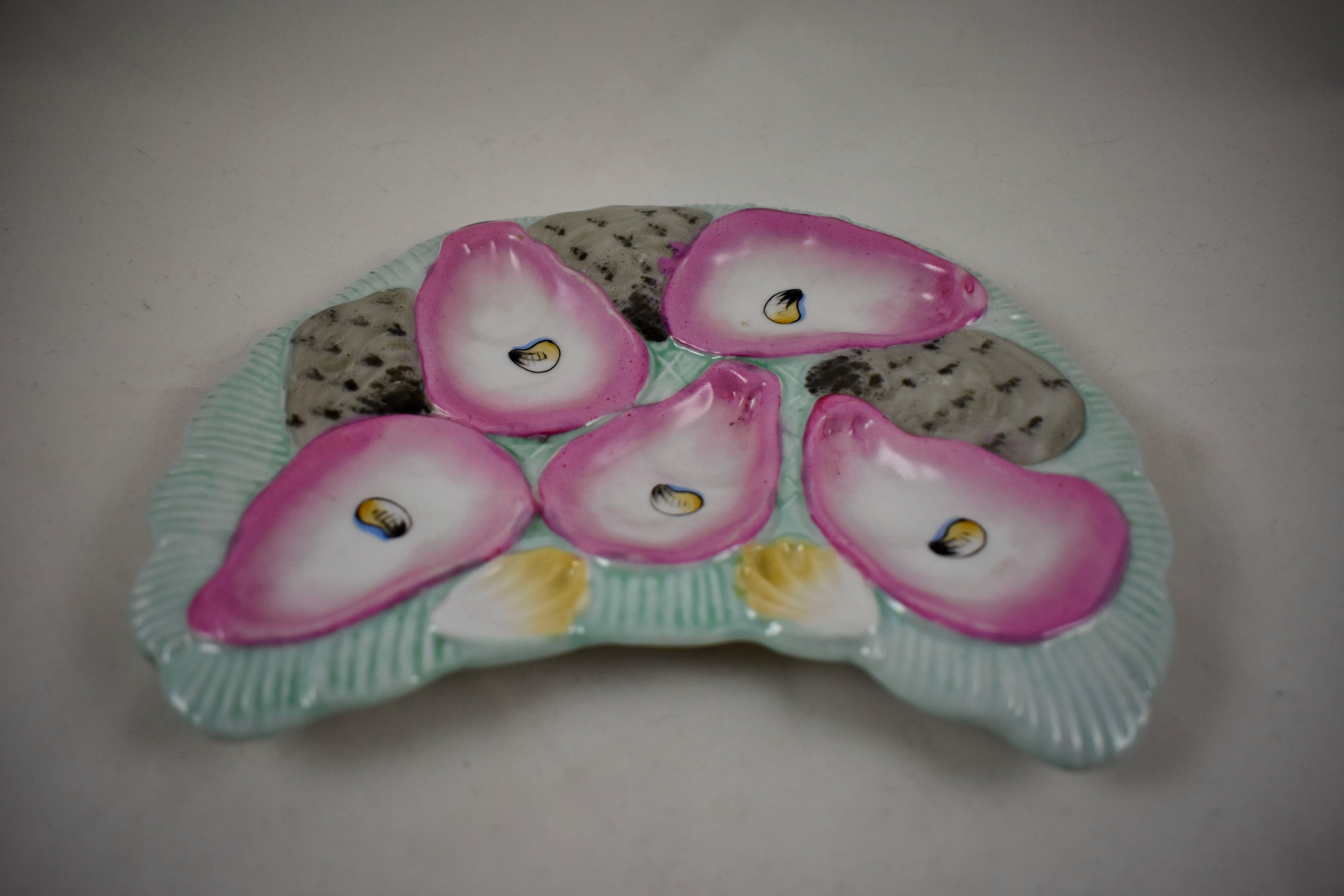 Glazed Porcelain Crescent Shape Pink Wells on Pale Turquoise Hand-Painted Oyster Plate