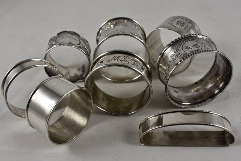 American Sterling Silver Antique Napkin Rings, a Mixed Set of Eight For Sale