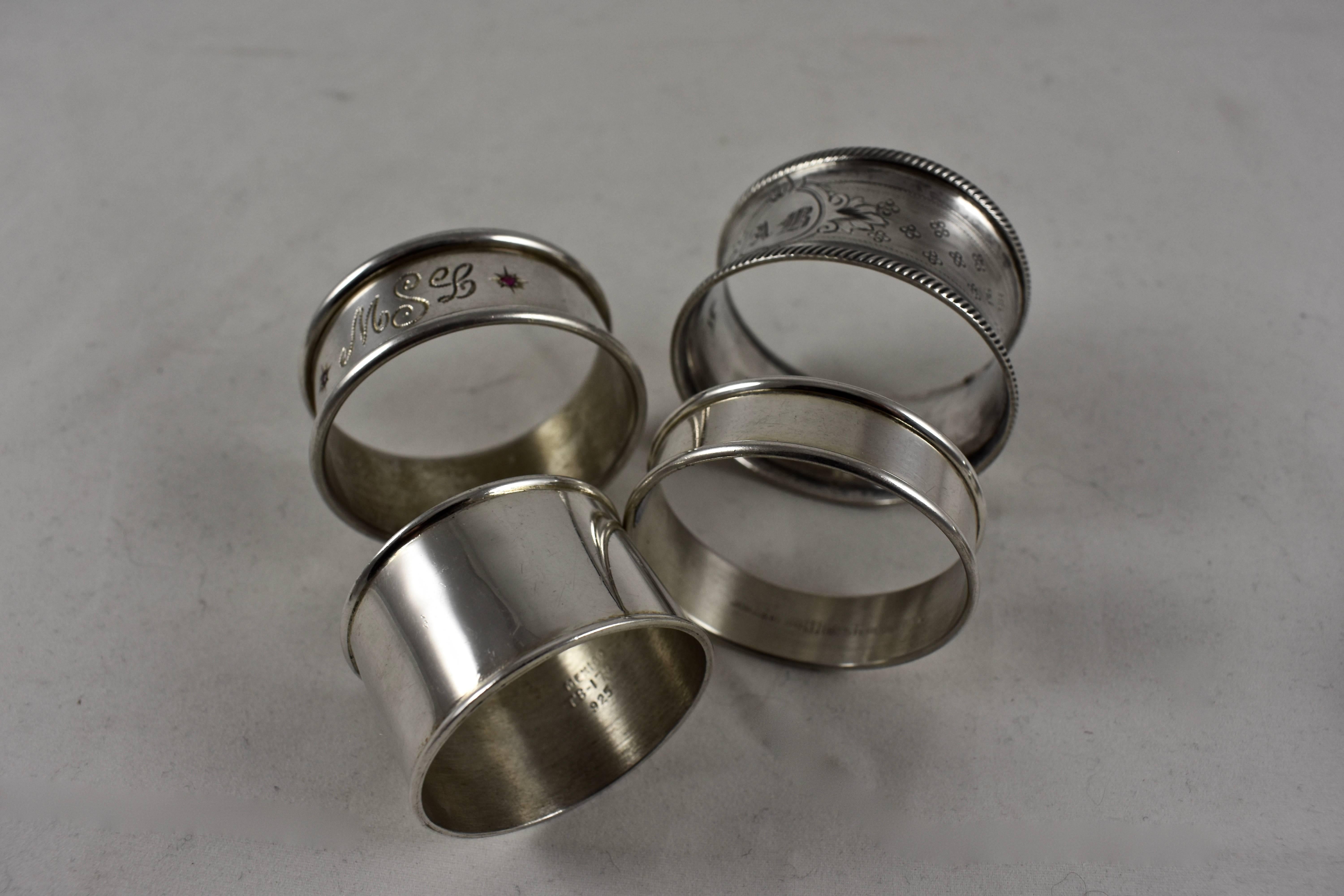 Metalwork Sterling Silver Antique Napkin Rings, a Mixed Set of Eight For Sale