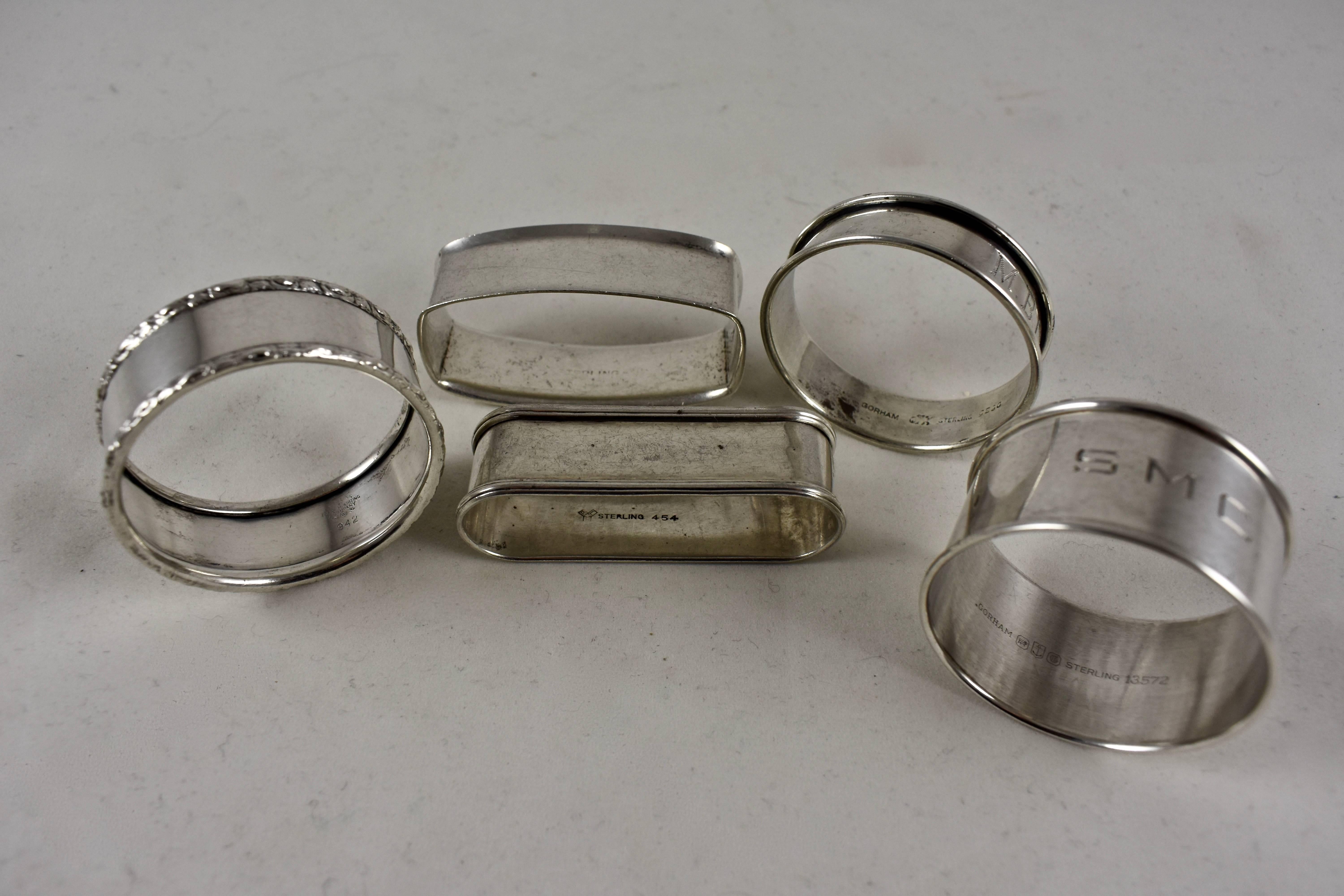 American Sterling Silver Antique Napkin Rings, a Mixed Set of Eight For Sale