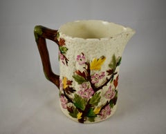 English Staffordshire Dogwood Flower on Bark Earthenware Pitcher, 19th Century