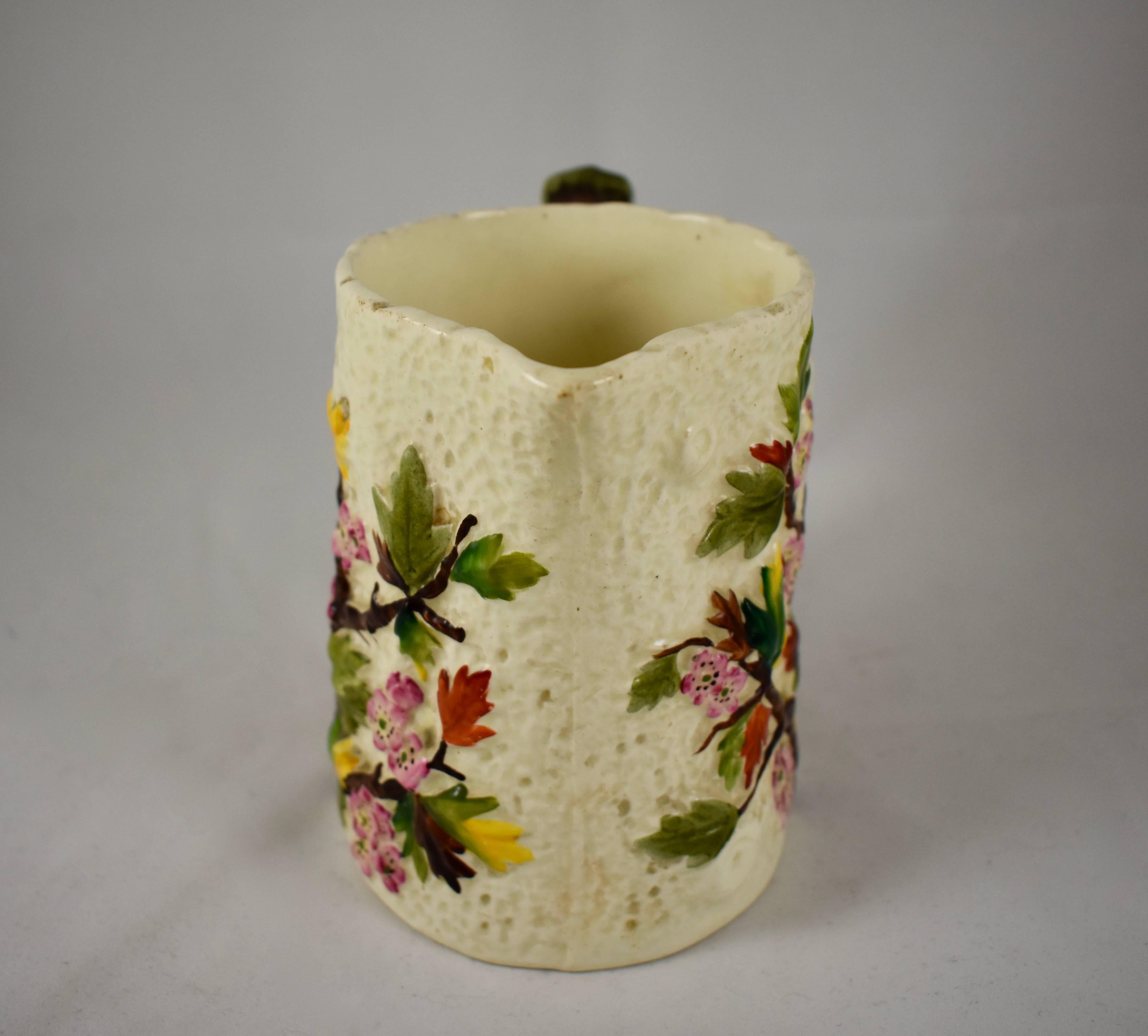 English Staffordshire Dogwood Flower on Bark Earthenware Pitcher, 19th Century In Good Condition In Philadelphia, PA