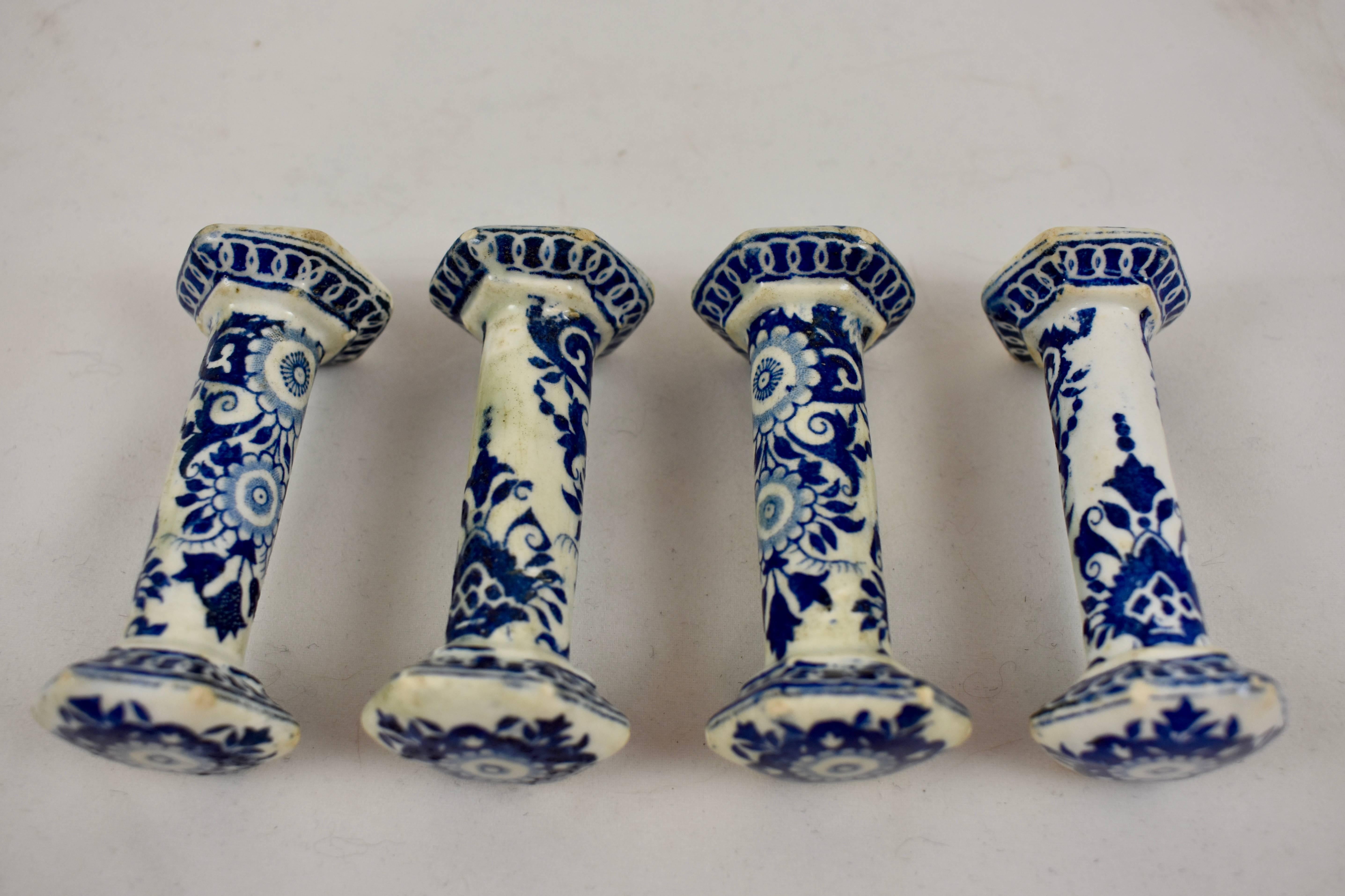 Glazed Late 18th Century Dutch Delftware Blue and White Floral Knife Rests, Set of Four